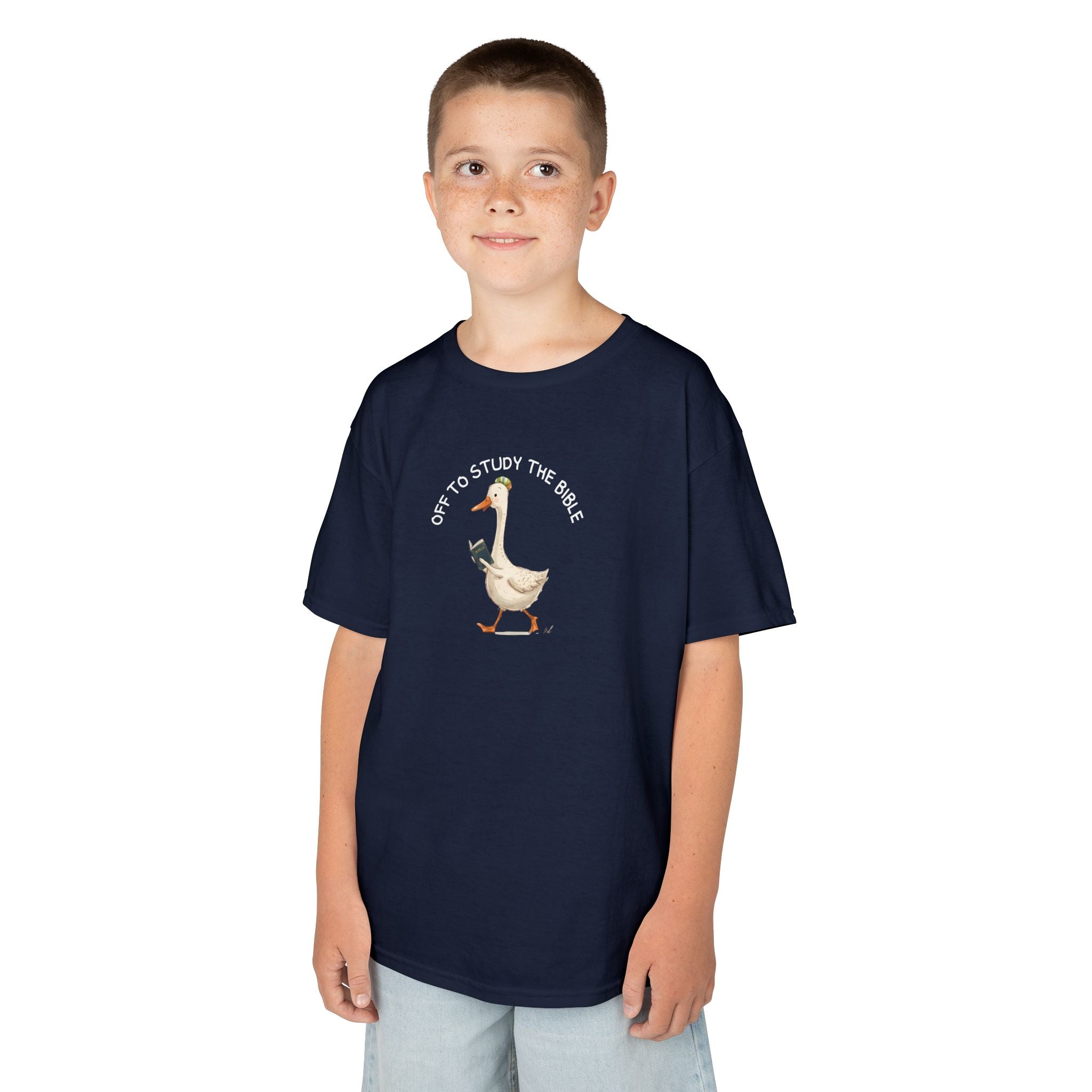 Kids T-Shirt - "Off to Study the Bible" Cute Goose Christian Tee for Sunday School & Church