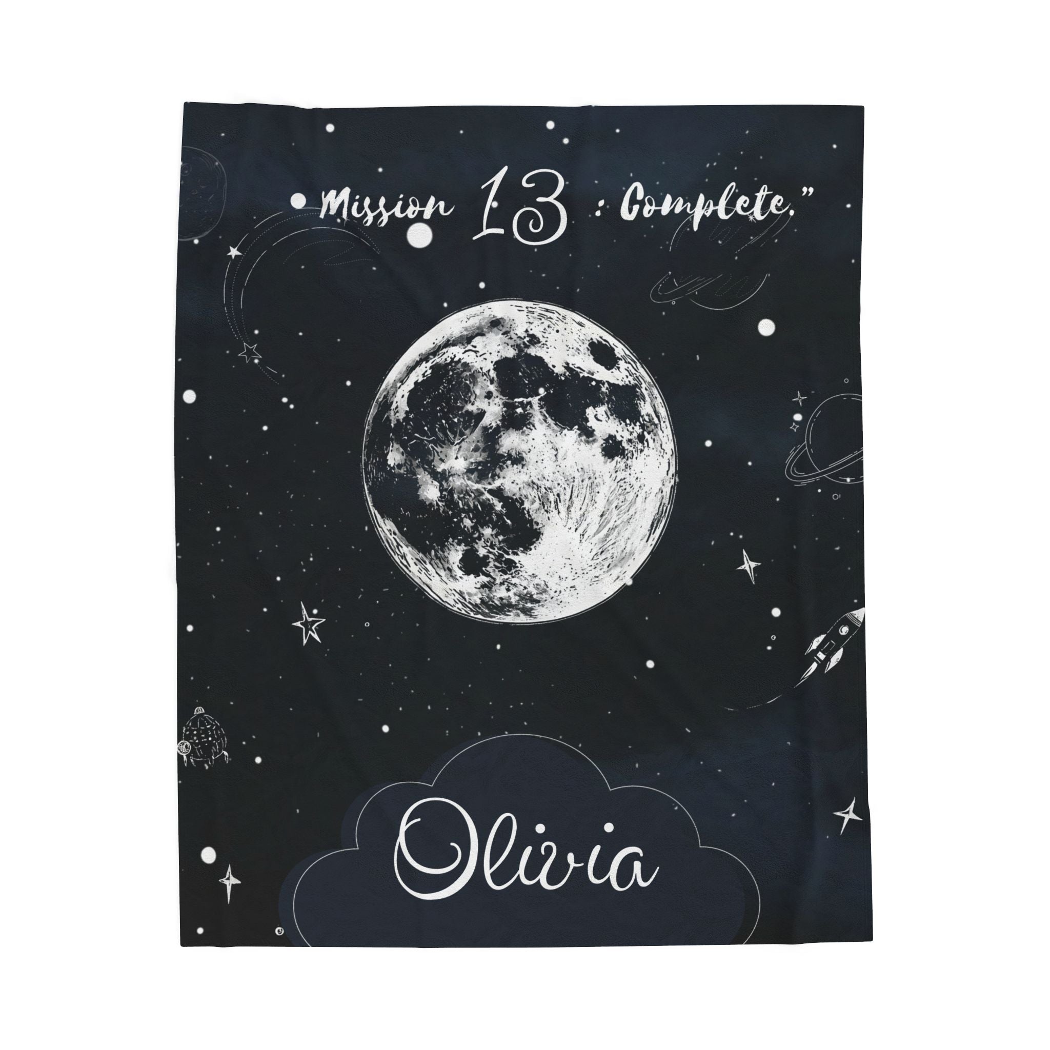 Personalized Moon & Stars Birthday Velveteen Plush Blanket – Custom Name & Age