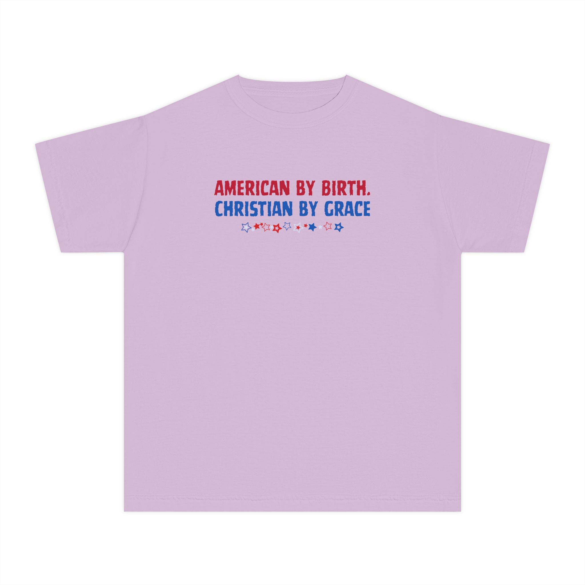 Youth Tee — “American by Birth, Christian by Grace” Patriotic Faith Graphic