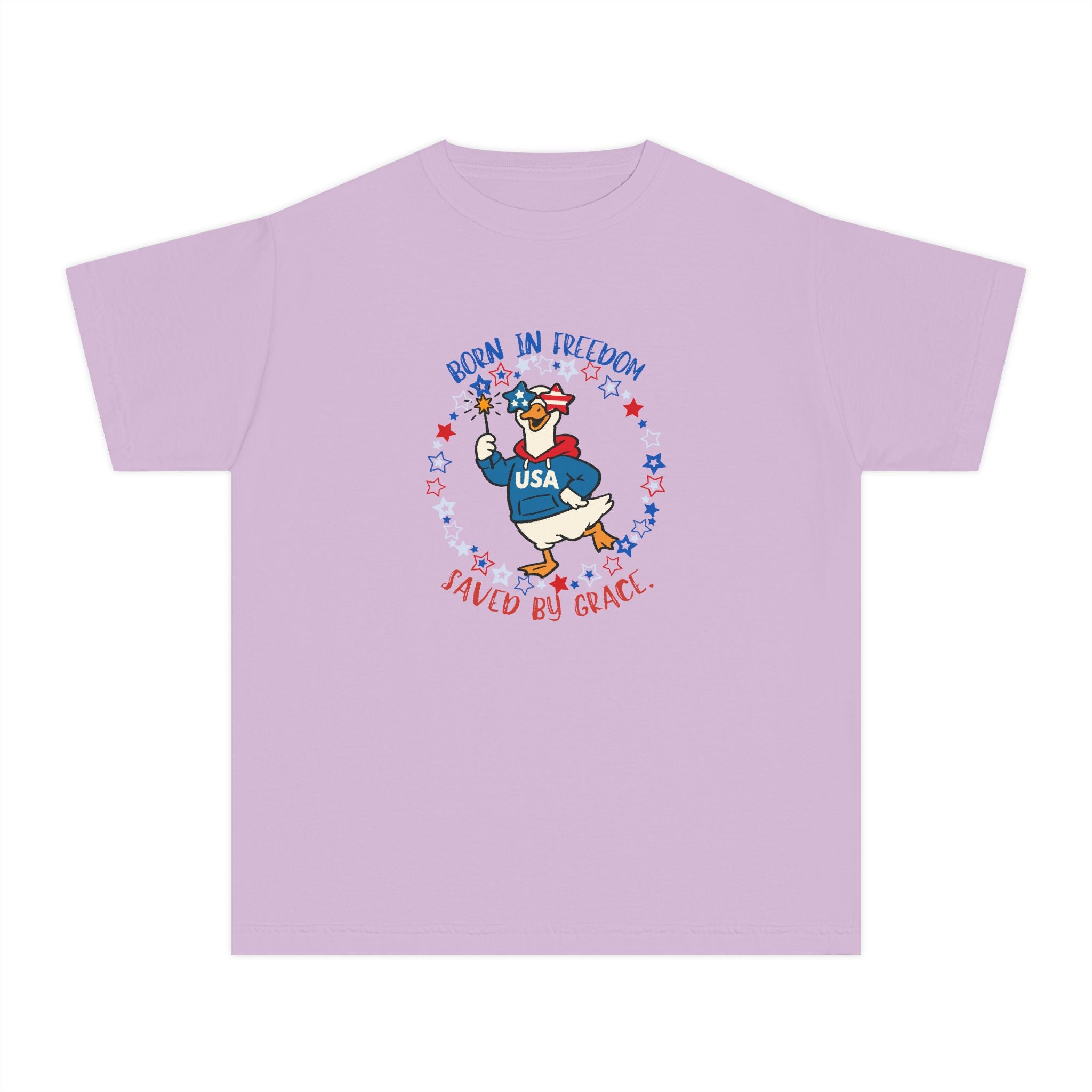 Youth T‑Shirt — "Born in Freedom, Saved by Grace" Patriotic Duck USA Tee