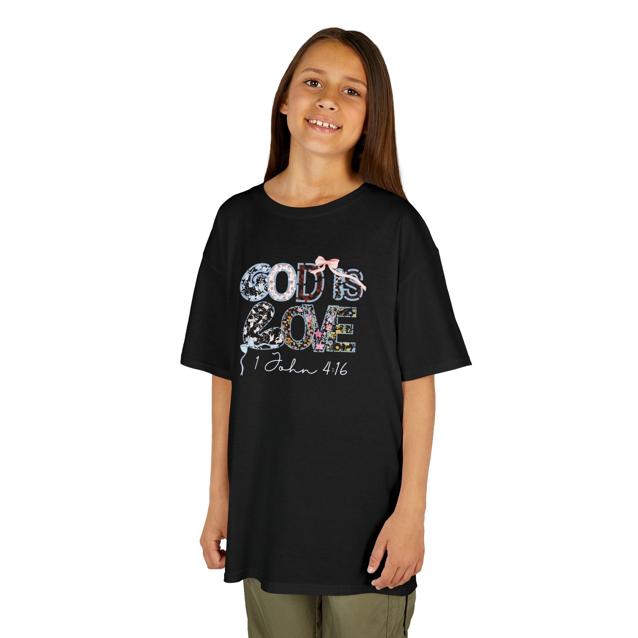 Kids T‑Shirt — "God Is Love" Floral 1 John 4:16 Christian Tee