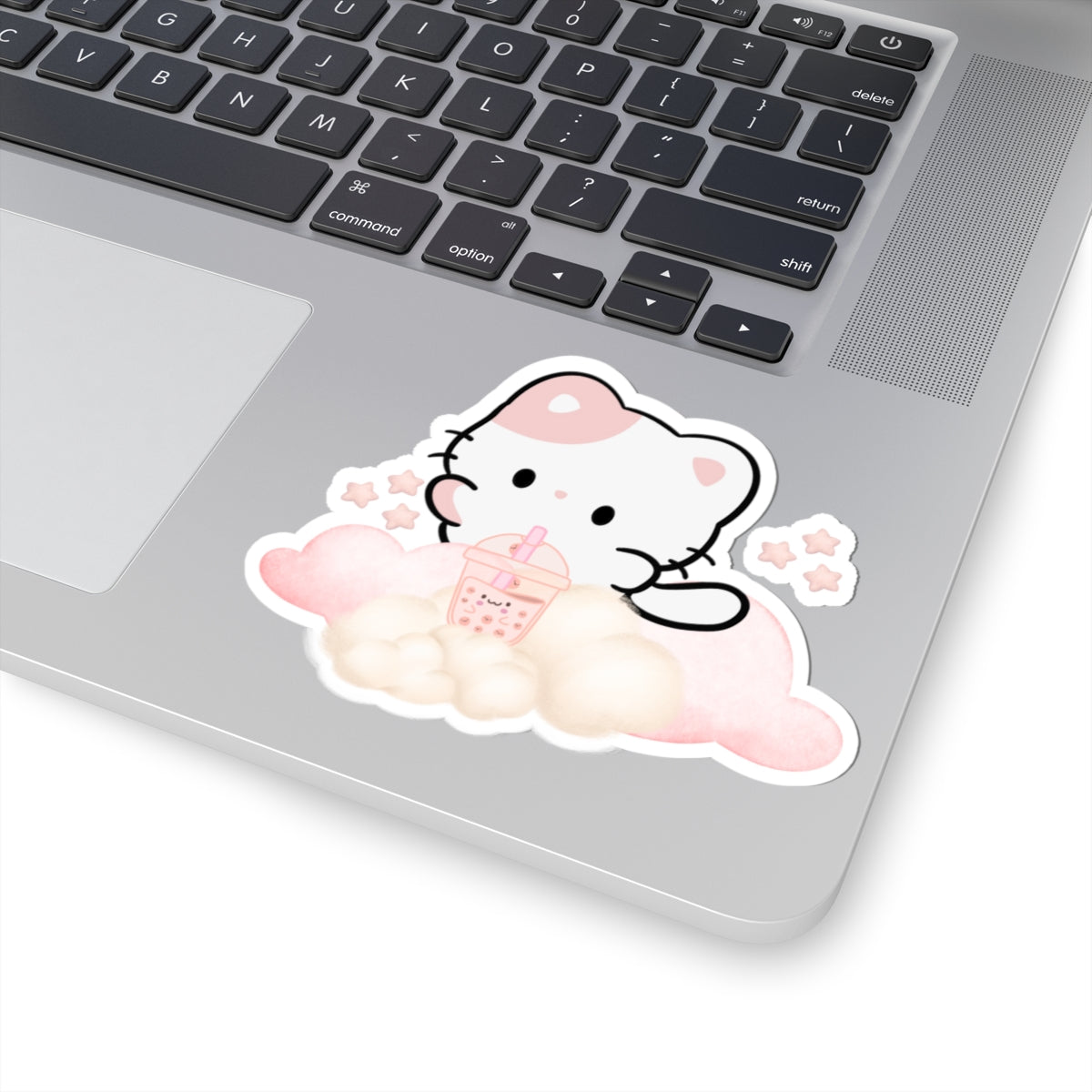 Kawaii Cat Bubble Tea Sticker — Pastel Cloud Kiss-Cut Vinyl