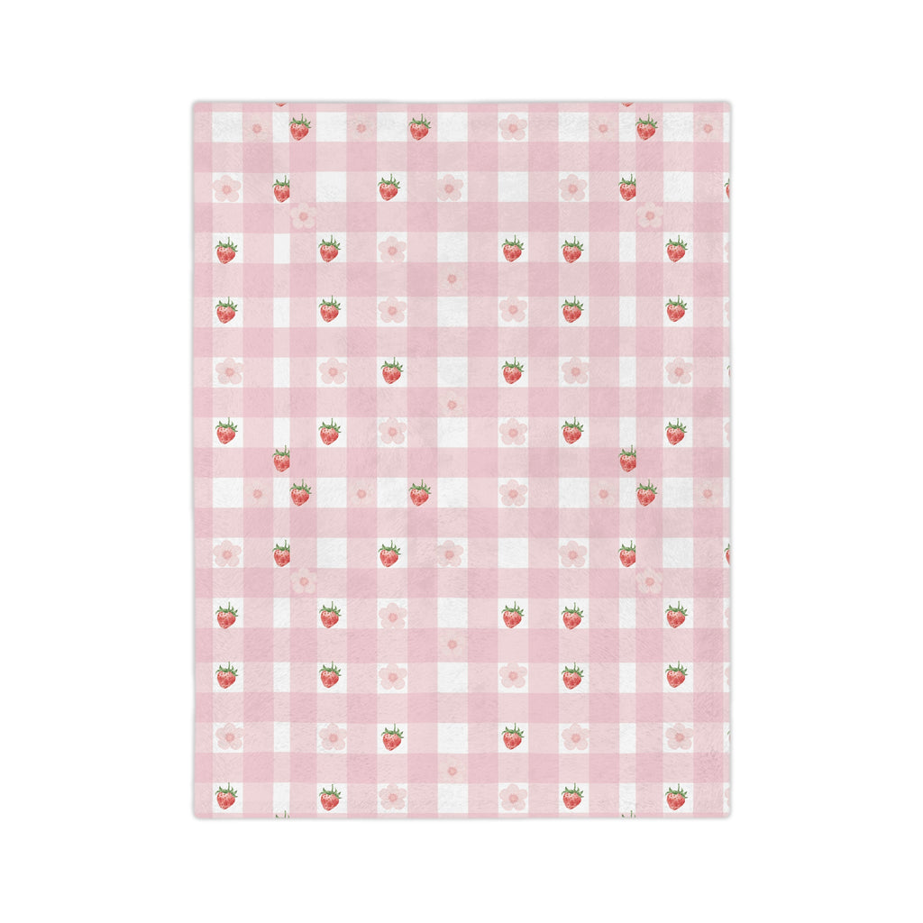 Pink Gingham Strawberry Throw Blanket — Cozy Velveteen Microfiber for Nursery, Picnic & Spring Décor