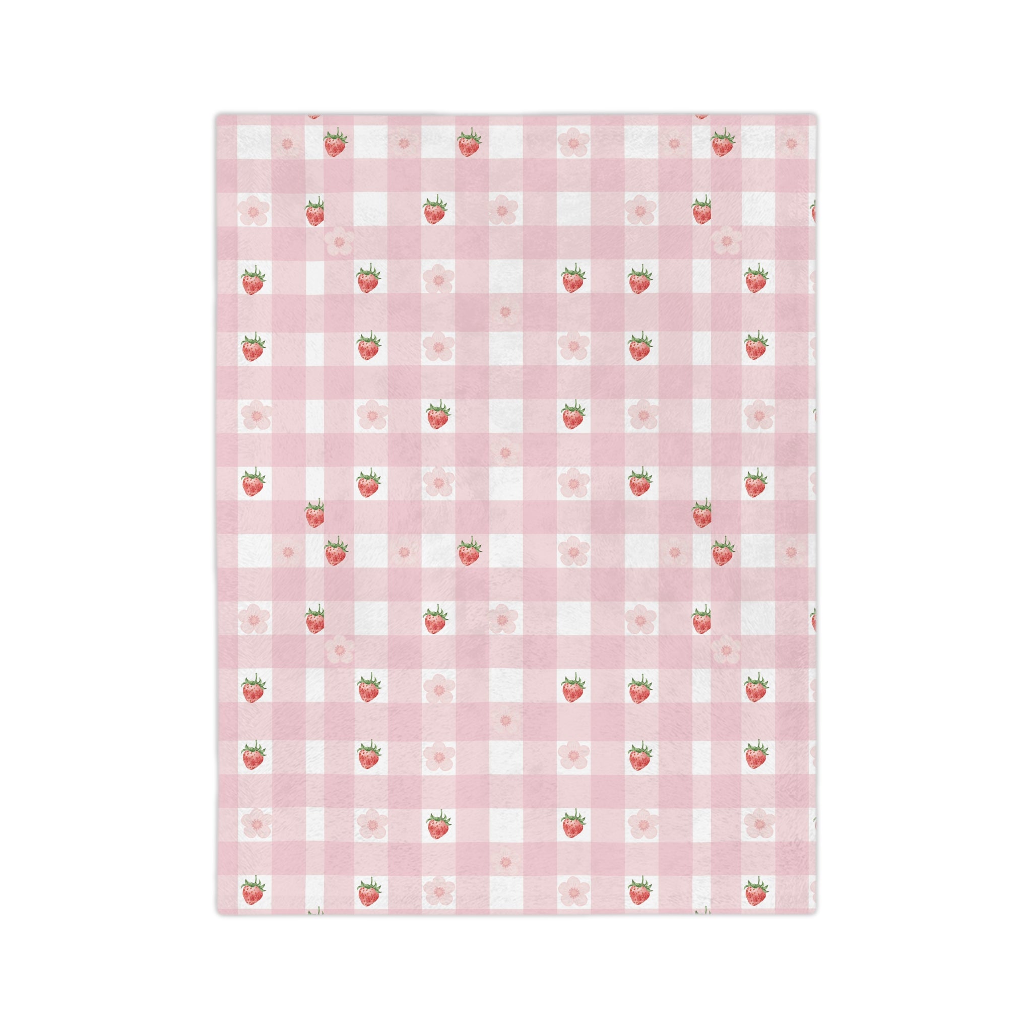 Pink Gingham Strawberry Throw Blanket — Cozy Velveteen Microfiber for Nursery, Picnic & Spring Décor