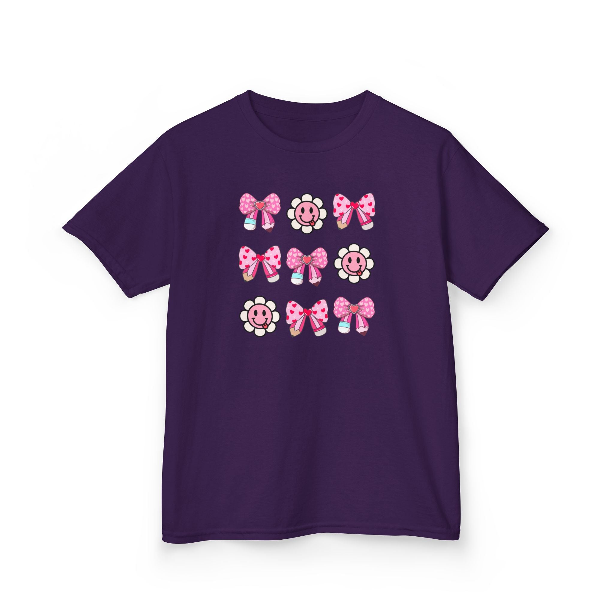 Kids Tee — Pink Bow & Smiling Flower Pattern Cute Graphic Shirt