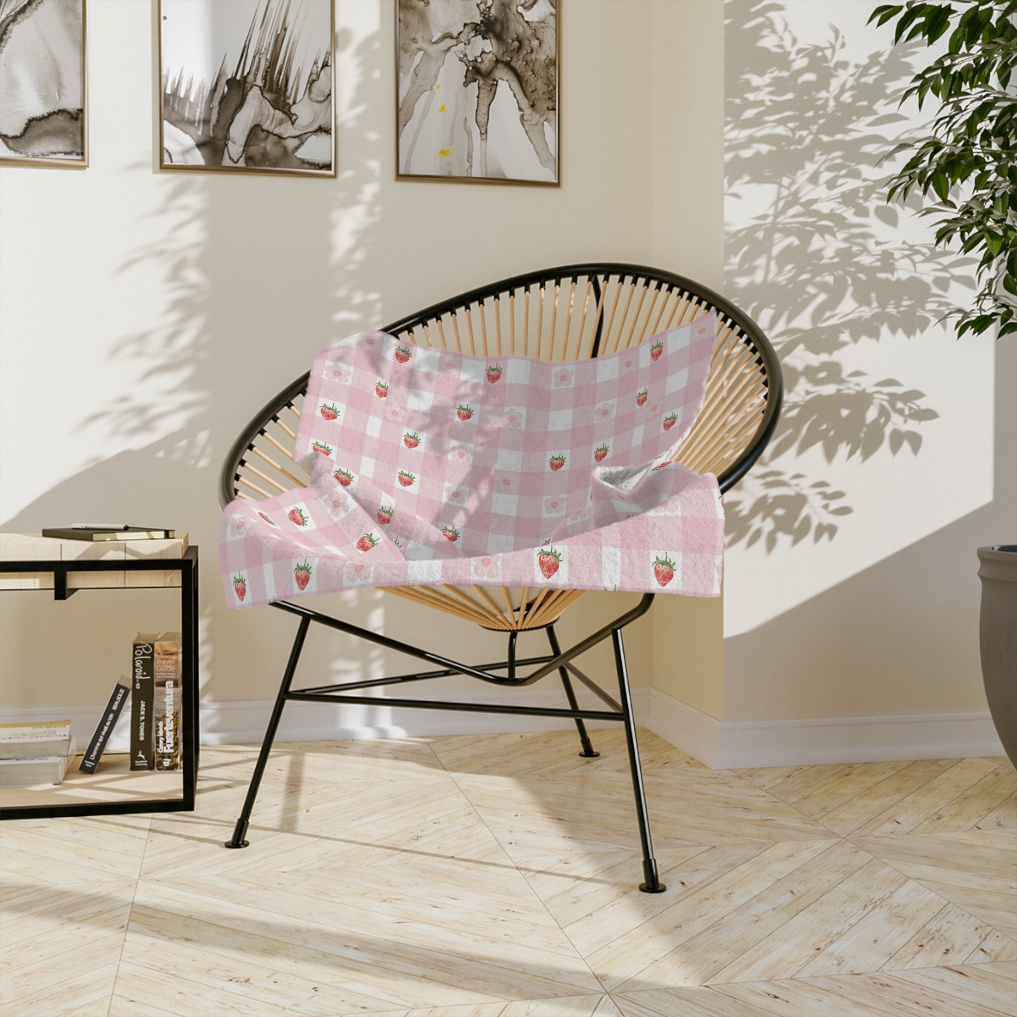 Pink Gingham Strawberry Throw Blanket — Cozy Velveteen Microfiber for Nursery, Picnic & Spring Décor