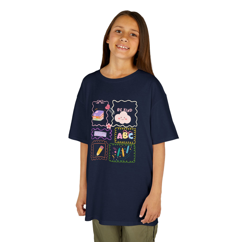 Child wearing a navy blue t-shirt with colorful graphics and text on a white background