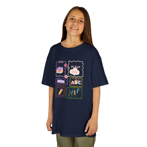 Child wearing a navy blue t-shirt with colorful graphics and text on a white background