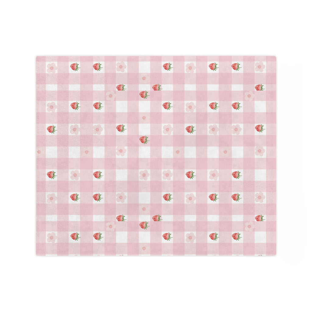 Pink Gingham Strawberry Throw Blanket — Cozy Velveteen Microfiber for Nursery, Picnic & Spring Décor