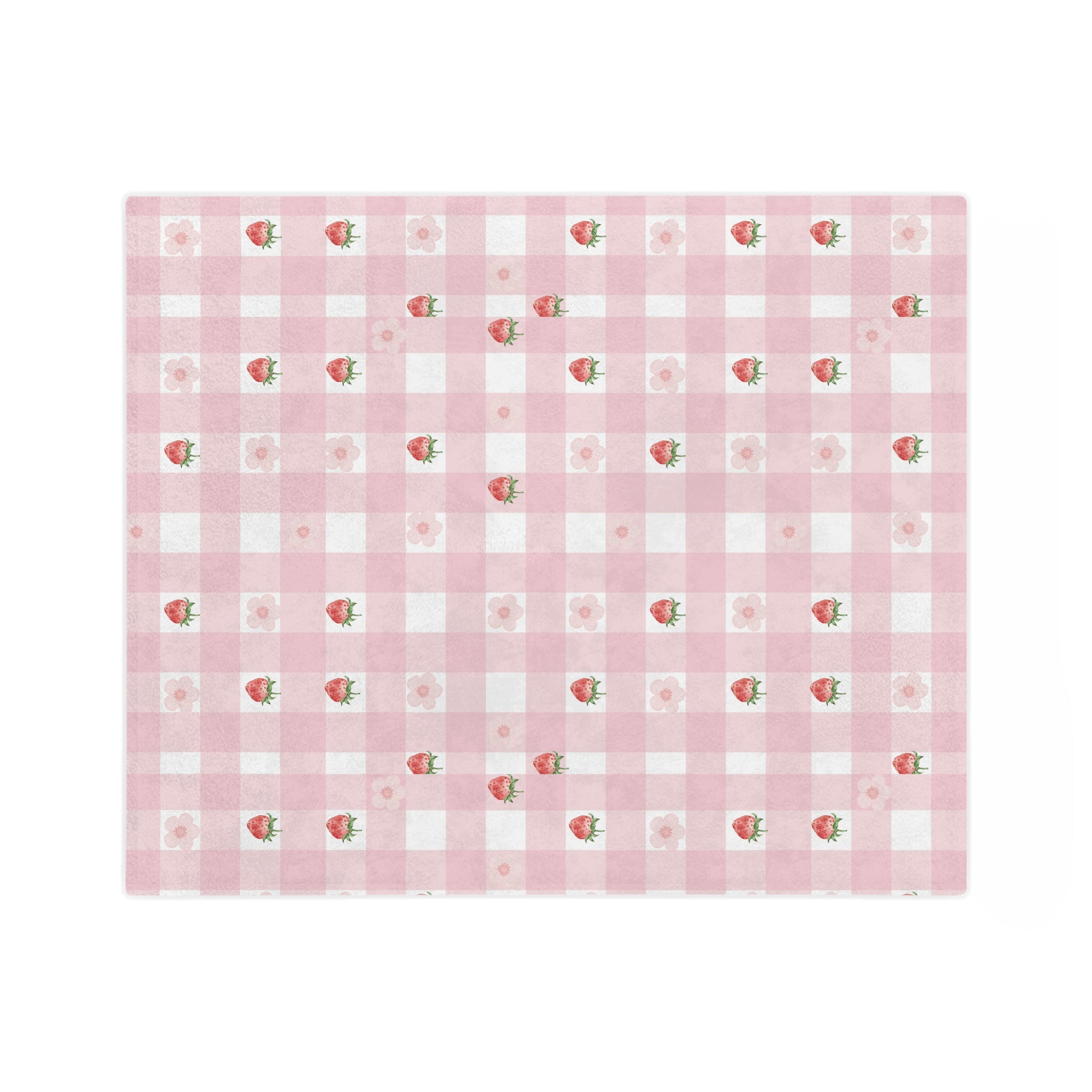 Pink Gingham Strawberry Throw Blanket — Cozy Velveteen Microfiber for Nursery, Picnic & Spring Décor