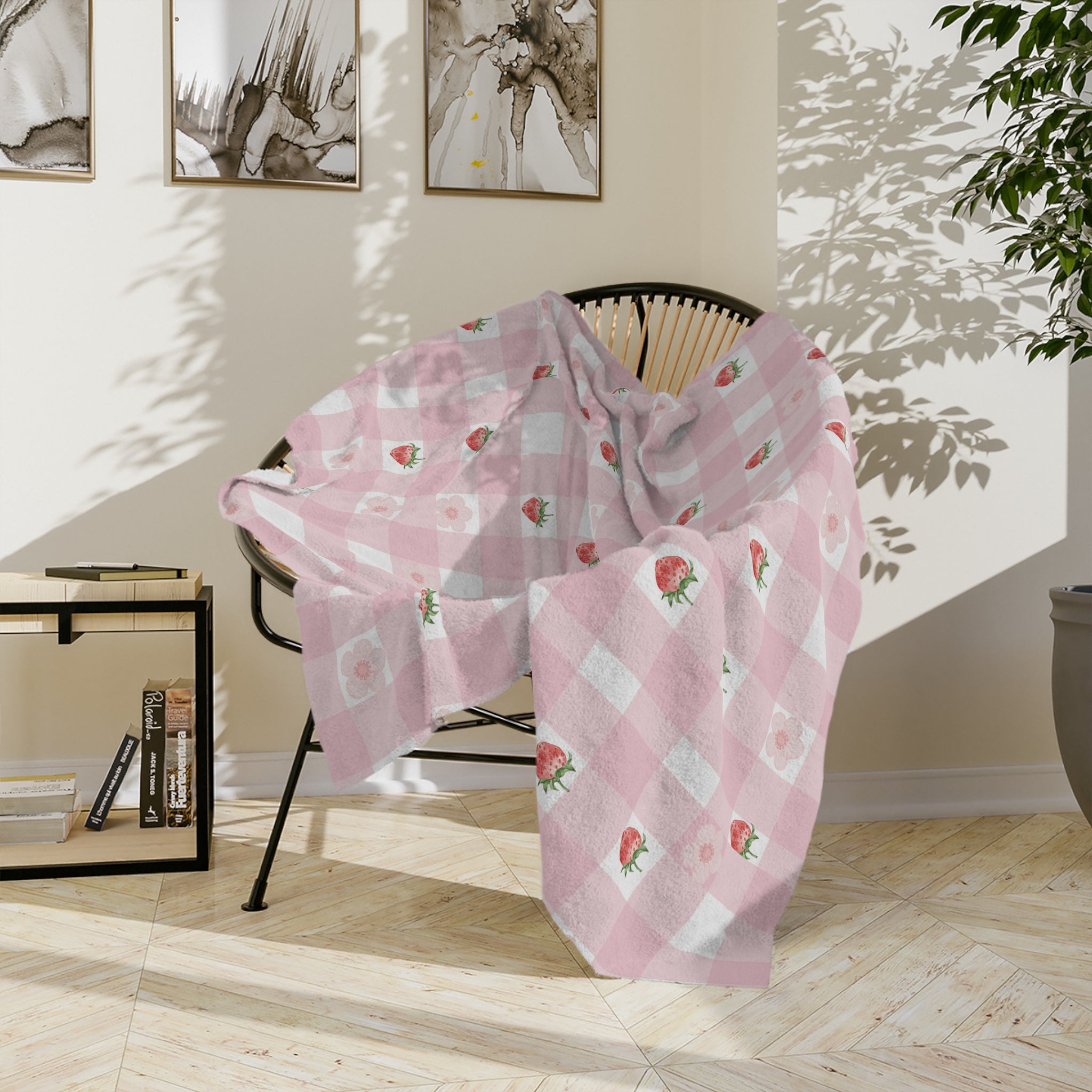 Pink Gingham Strawberry Throw Blanket — Cozy Velveteen Microfiber for Nursery, Picnic & Spring Décor