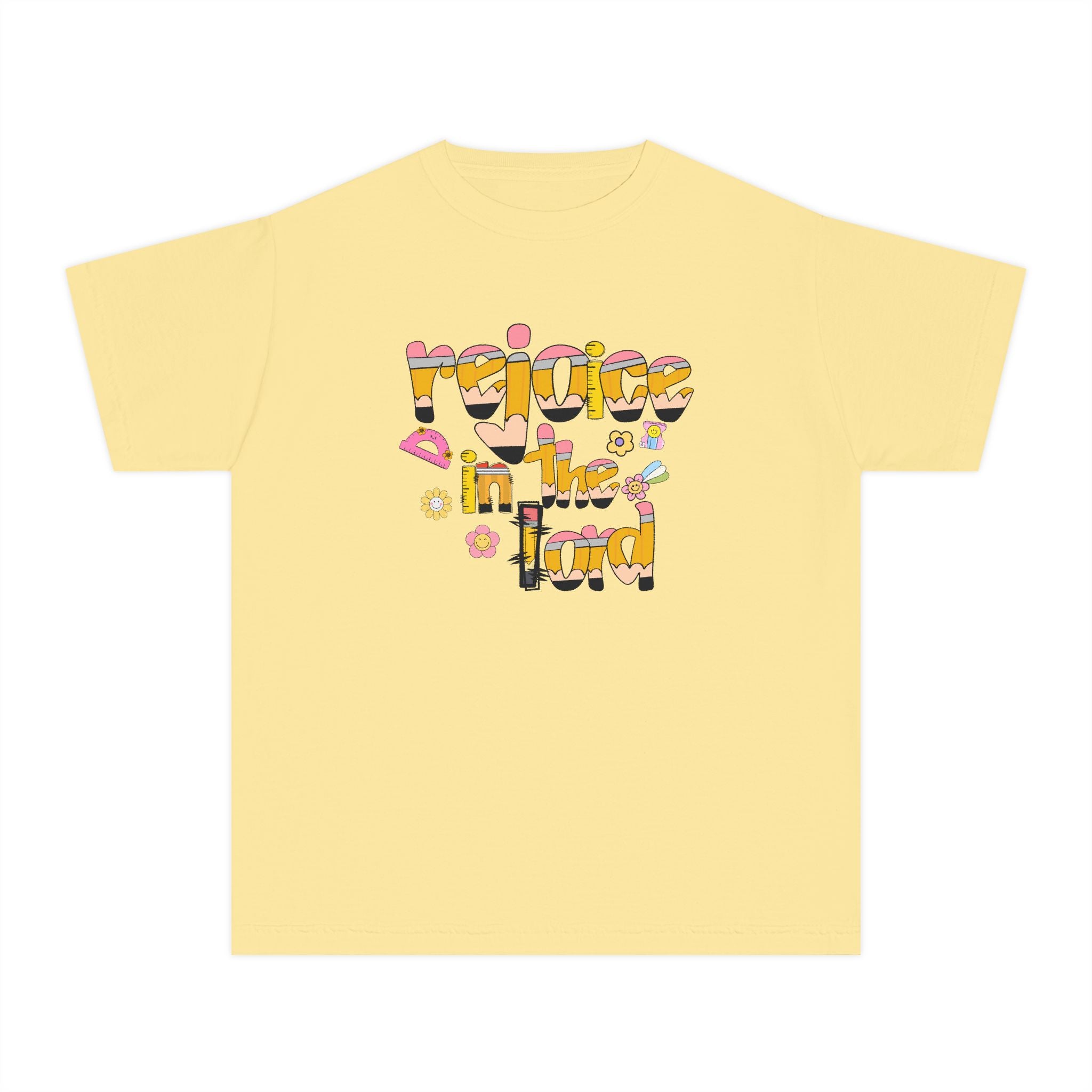 Rejoice in the Lord - Preppy pencil alphabet christian tee