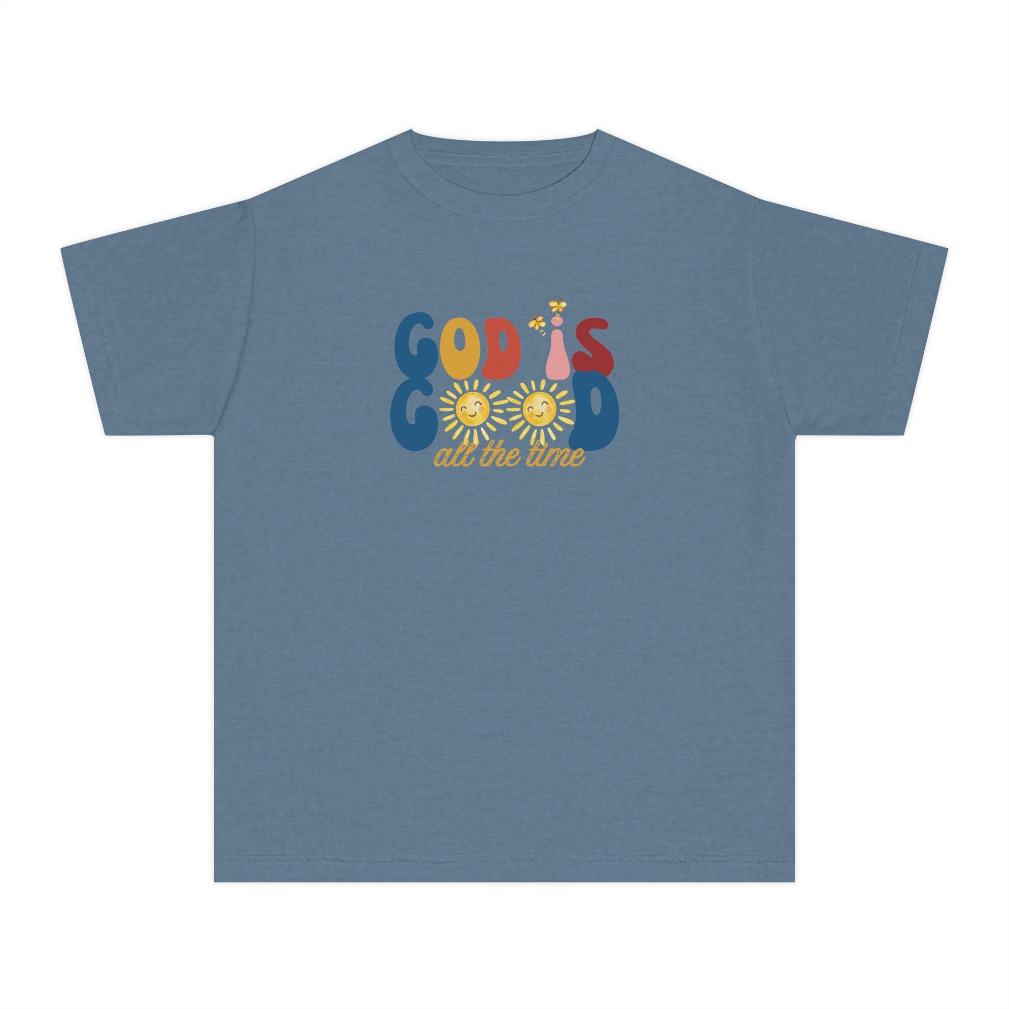 Youth T‑Shirt — "God is Good All the Time" Retro Sunflowers Kids Tee