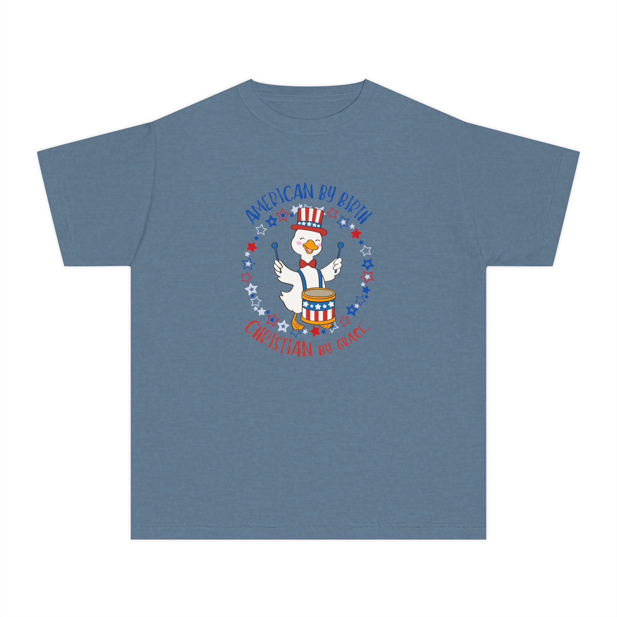 Youth Tee — American By Birth, Christian By Grace Patriotic July 4th Drum Bear Design