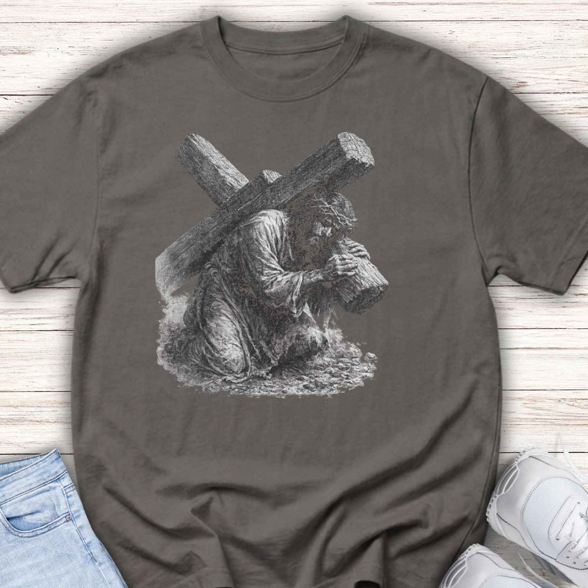Kneeling Jesus Carrying Cross Youth Tee