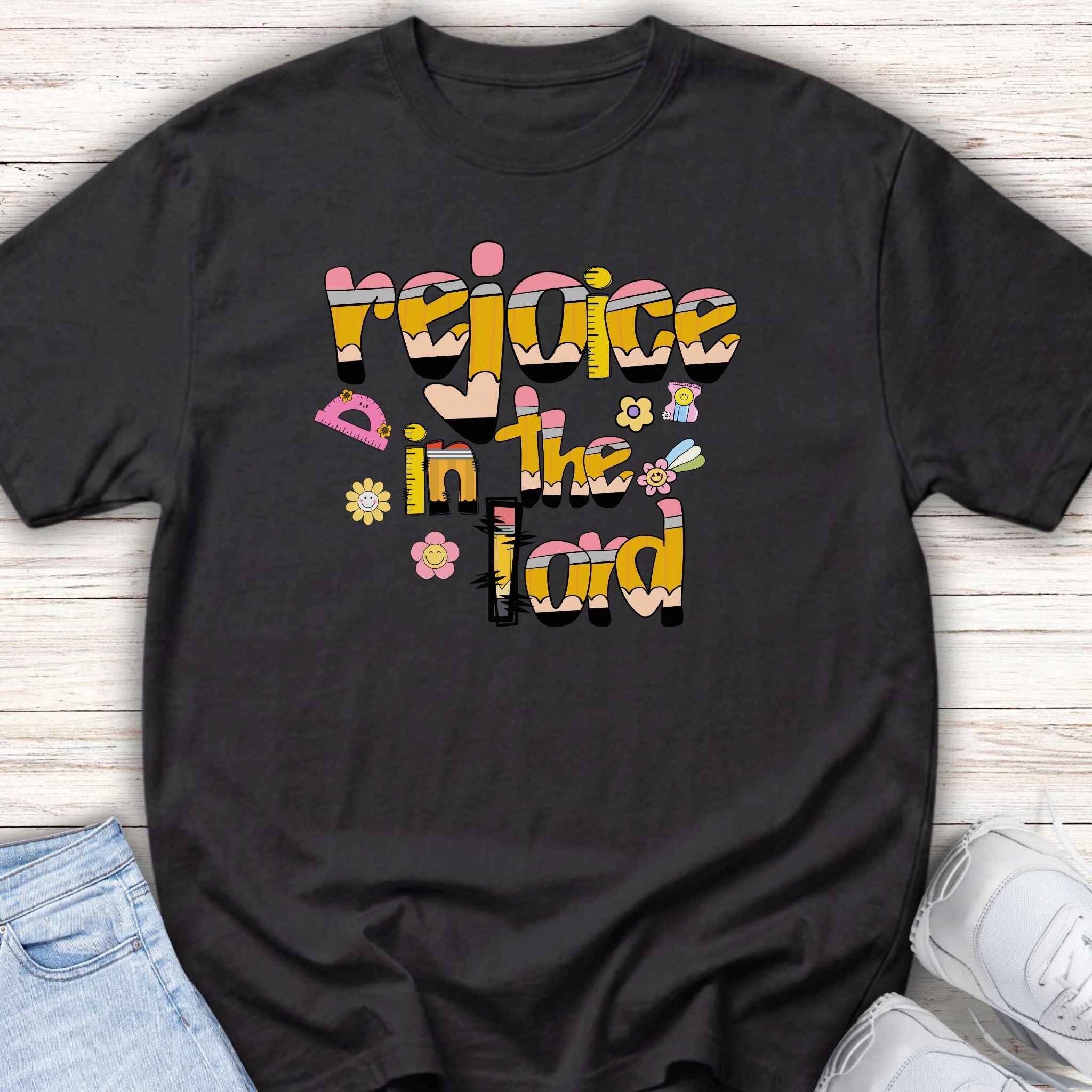 Rejoice in the Lord - Preppy pencil alphabet christian tee