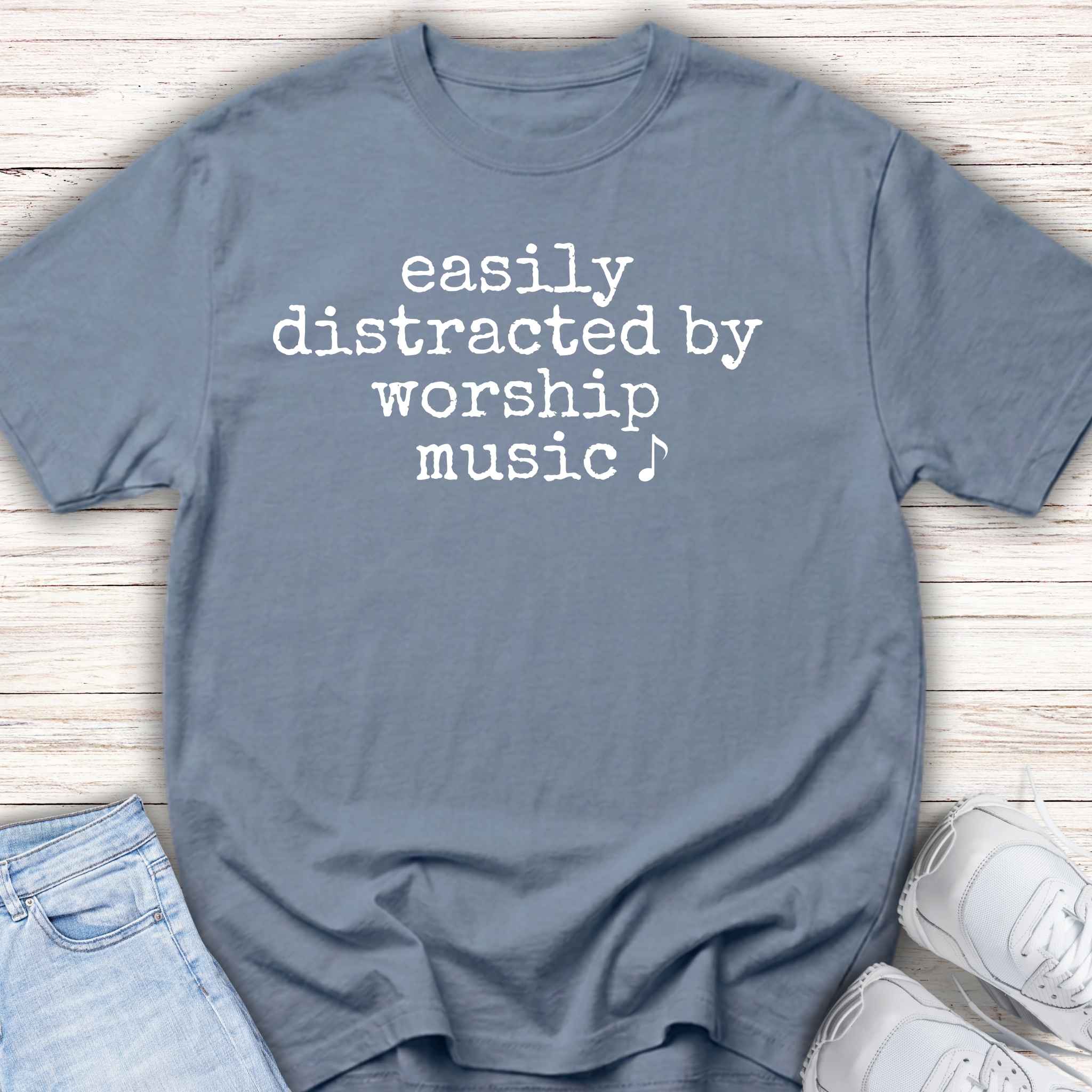 Youth Tee - "easily distracted by worship music" Christian Kids Shirt