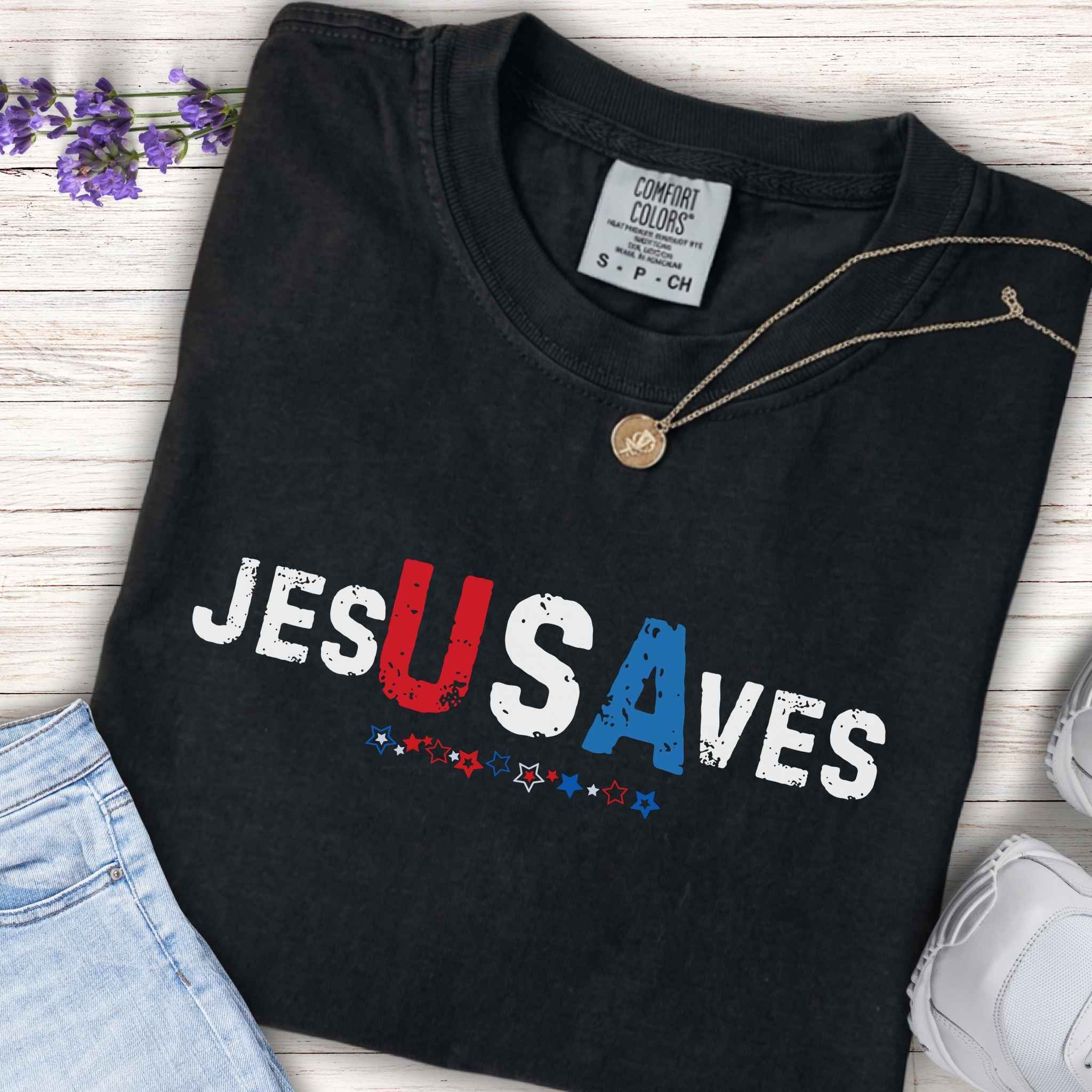 Youth Tee — "JESUS SAVES" Patriotic Red White Blue Christian Graphic Shirt