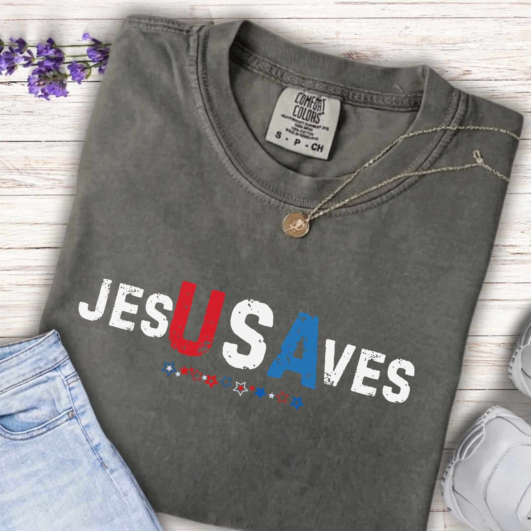Youth Tee — "JESUS SAVES" Patriotic Red White Blue Christian Graphic Shirt