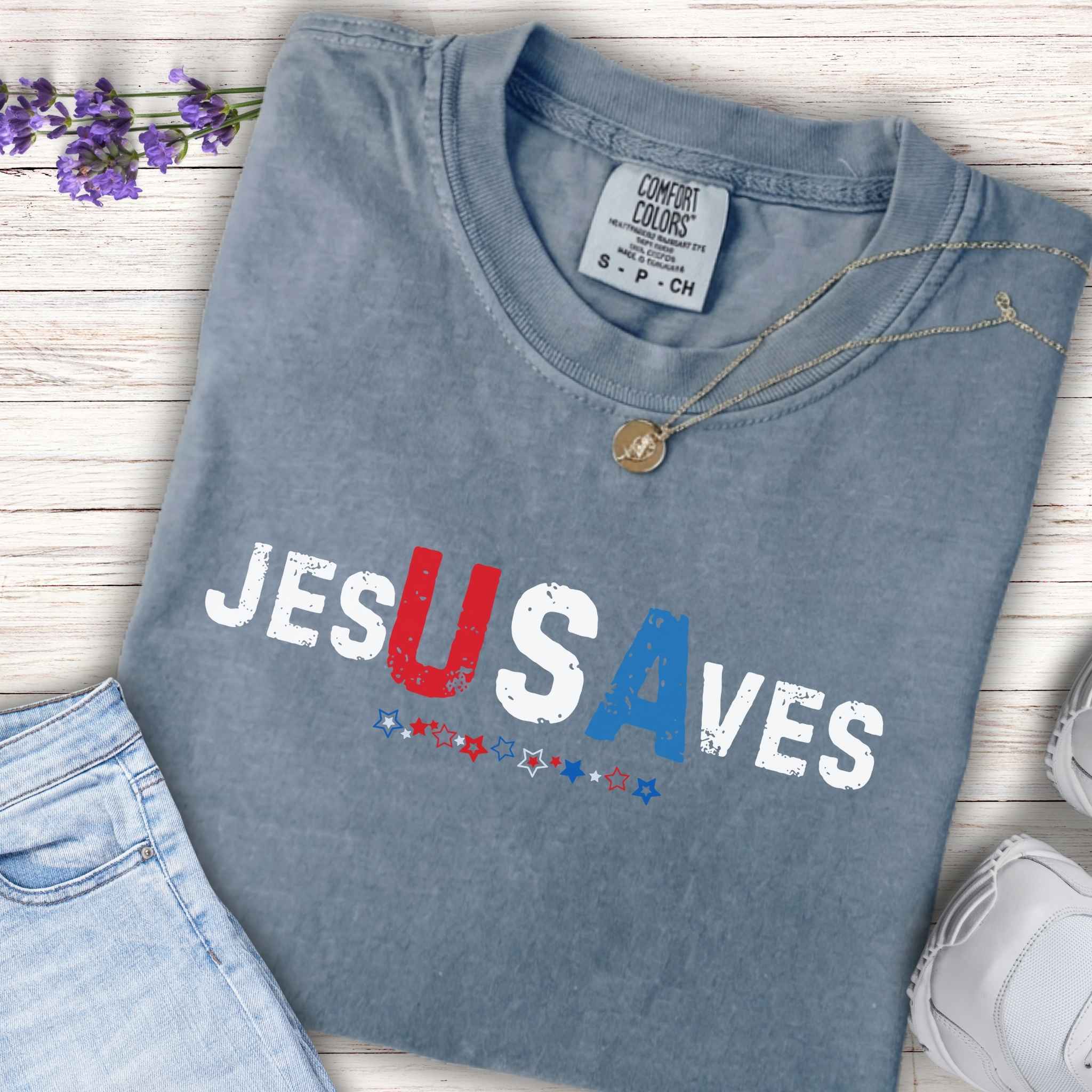 Youth Tee — "JESUS SAVES" Patriotic Red White Blue Christian Graphic Shirt