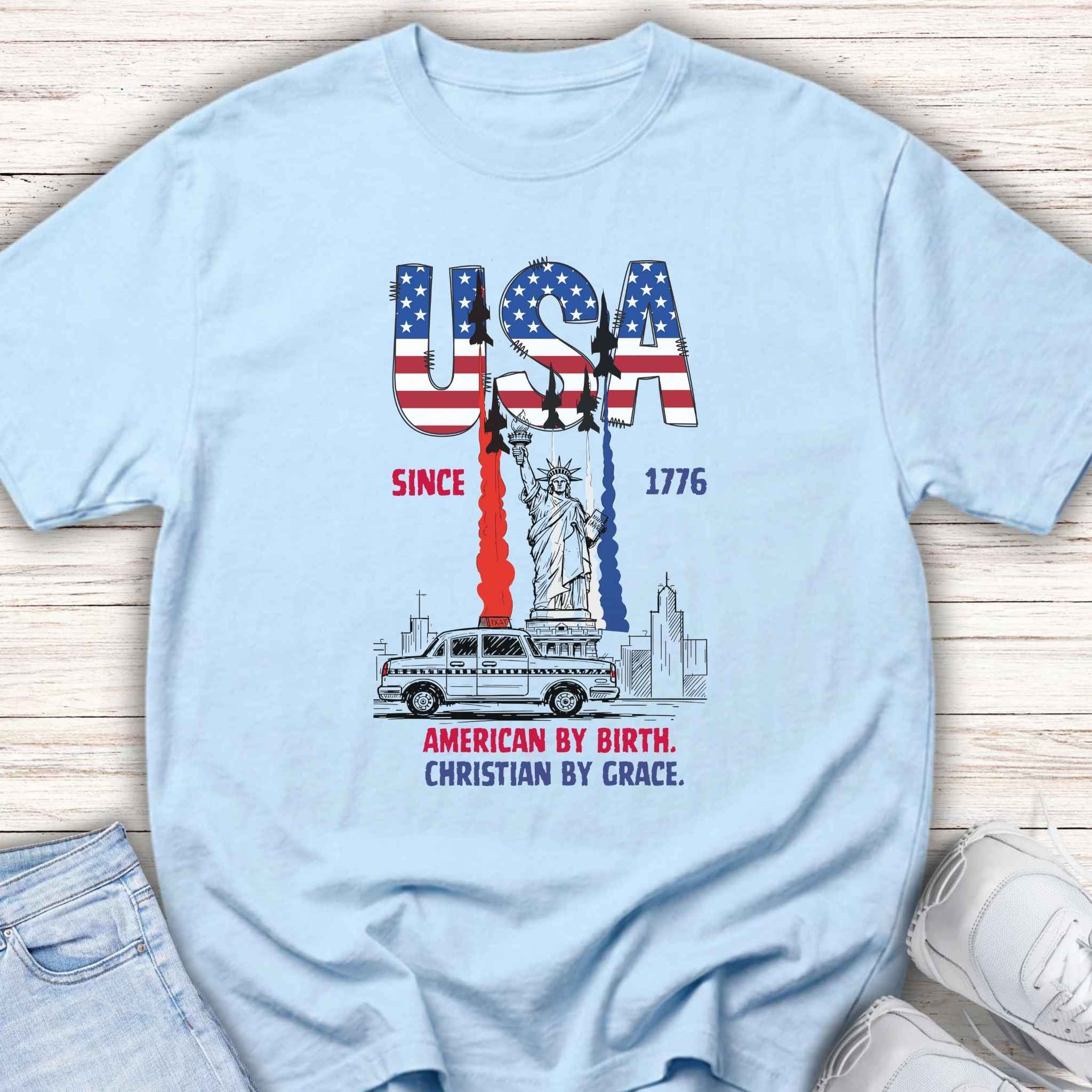 Youth Tee — USA Flag Liberty Design "American by Birth, Christian by Grace"