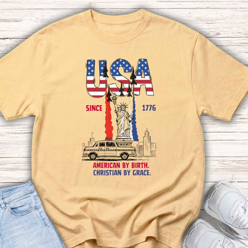 Youth Tee — USA Flag Liberty Design "American by Birth, Christian by Grace"
