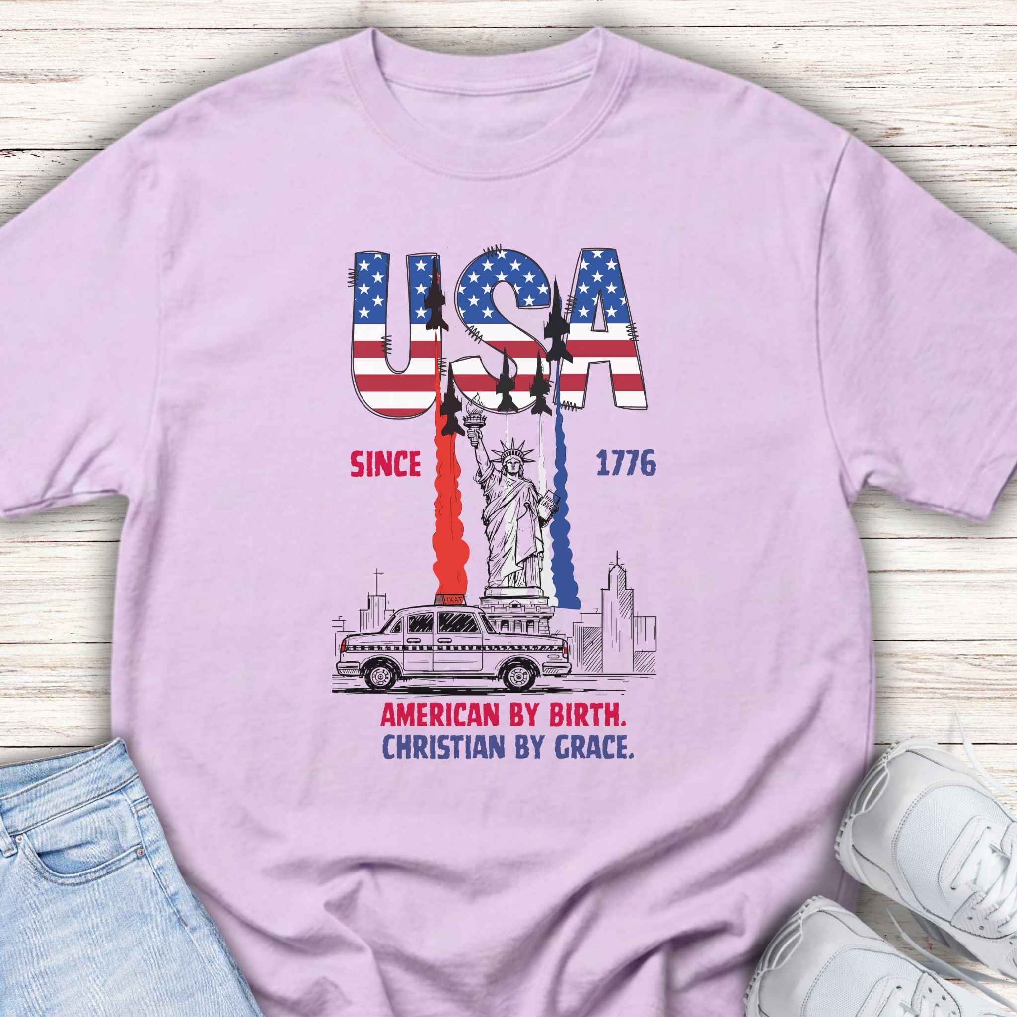 Youth Tee — USA Flag Liberty Design "American by Birth, Christian by Grace"