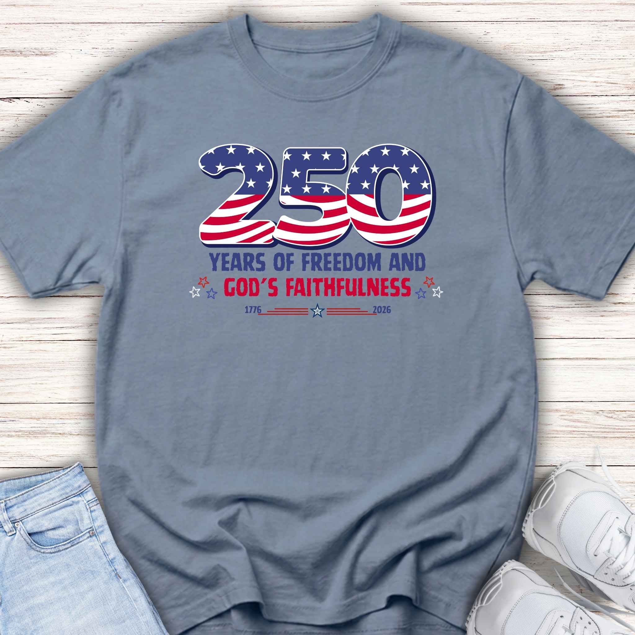 Youth Tee — "250 Years of Freedom and God's Faithfulness" Patriotic American Flag Design