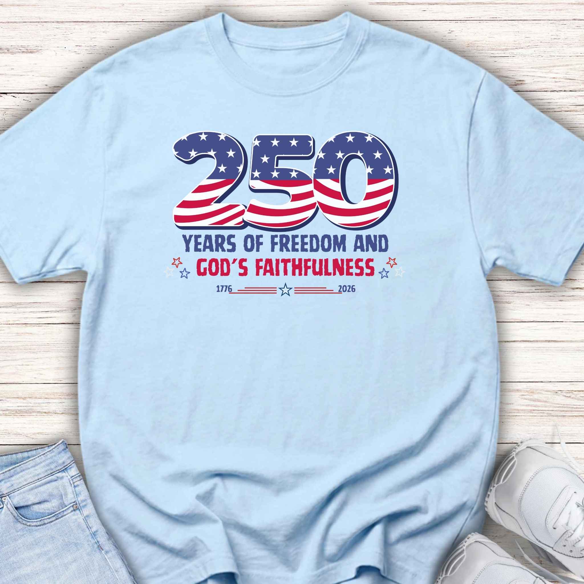 Youth Tee — "250 Years of Freedom and God's Faithfulness" Patriotic American Flag Design