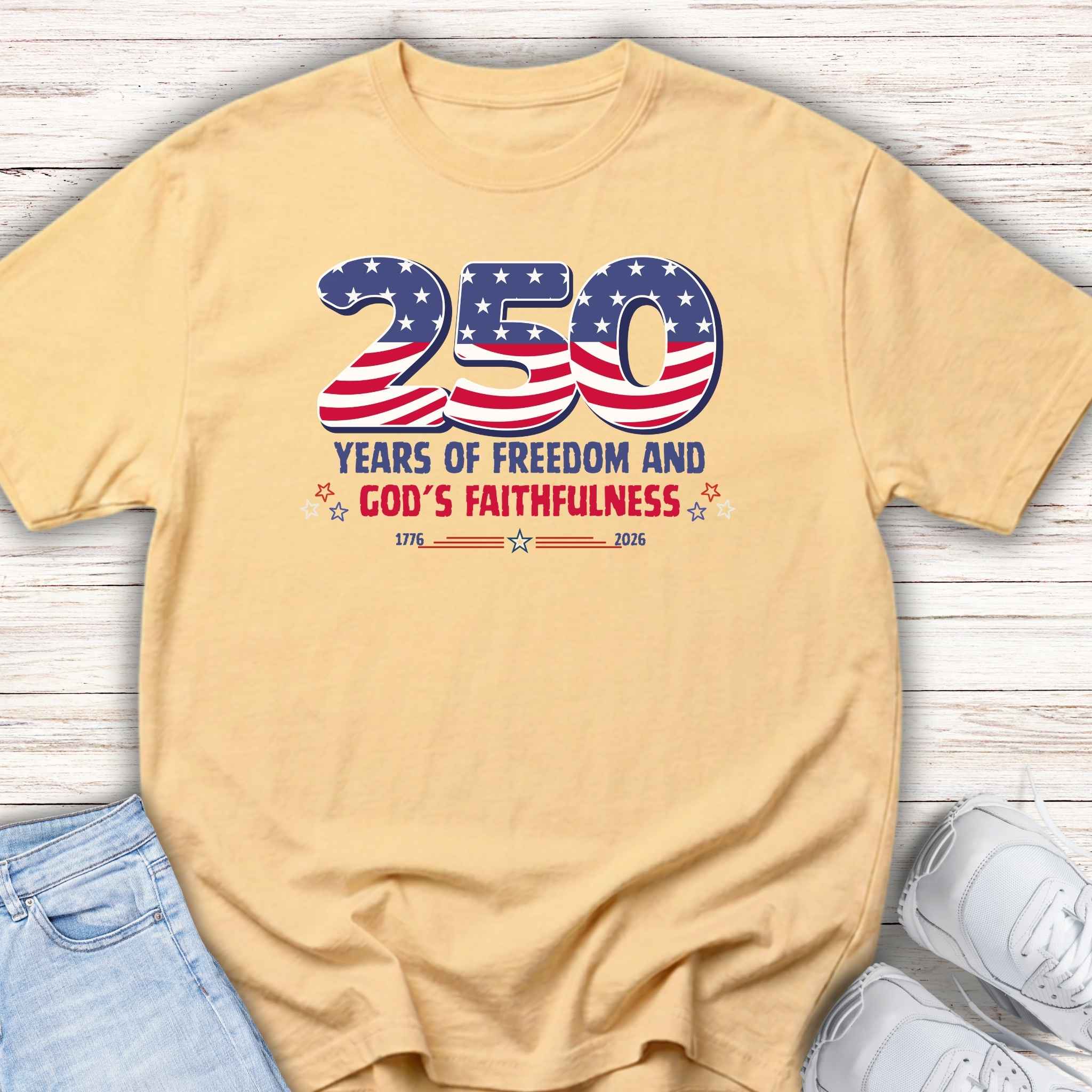 Youth Tee — "250 Years of Freedom and God's Faithfulness" Patriotic American Flag Design