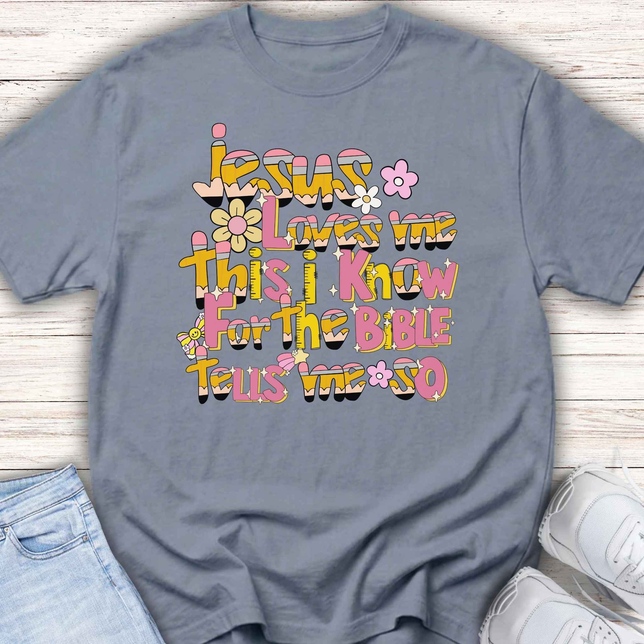 Youth Tee — Retro Floral 'Jesus Loves Me' Christian Kids Shirt