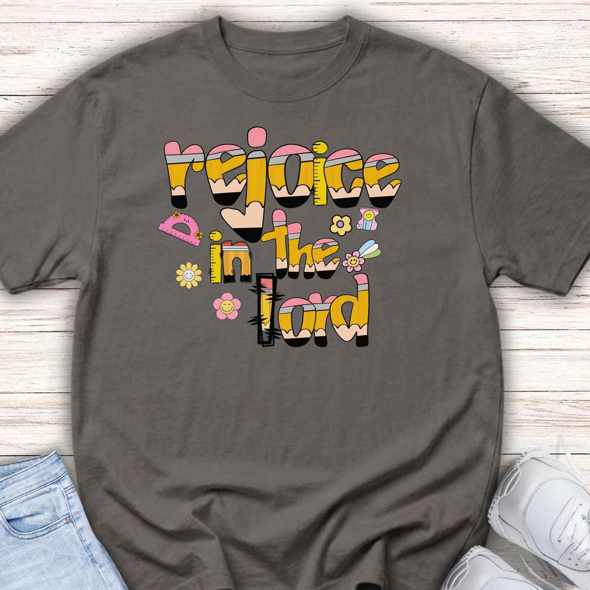 Rejoice in the Lord - Preppy pencil alphabet christian tee