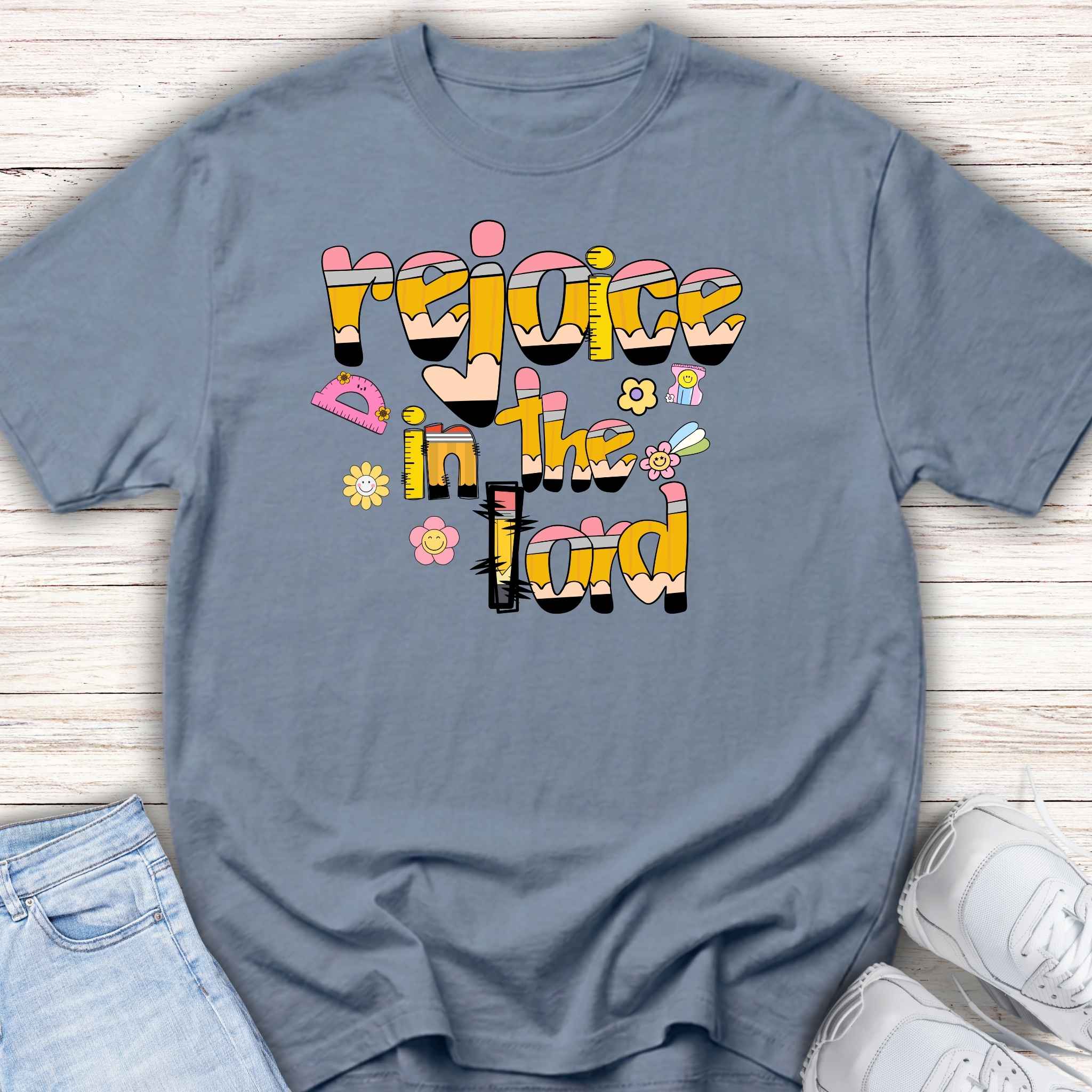 Rejoice in the Lord - Preppy pencil alphabet christian tee
