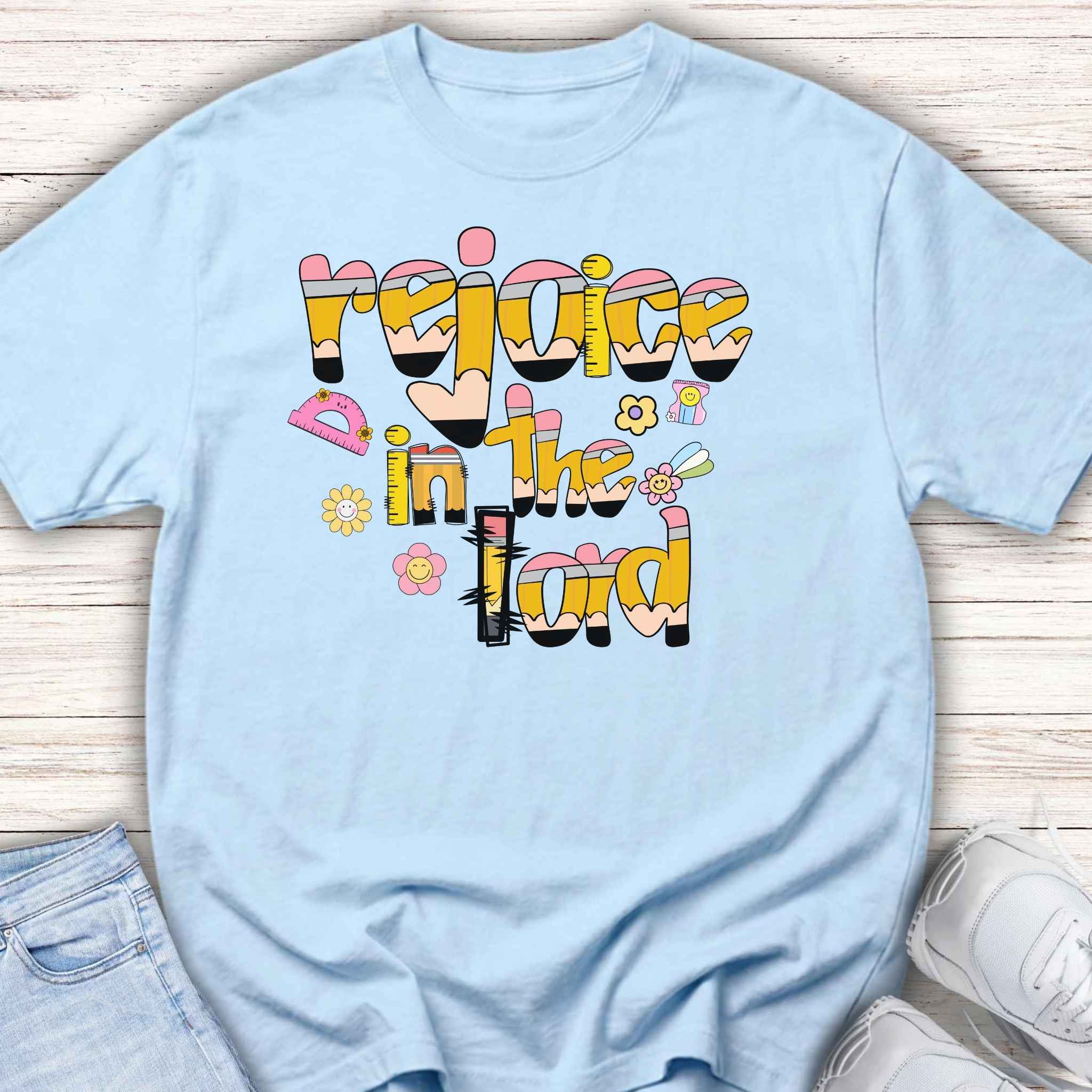Rejoice in the Lord - Preppy pencil alphabet christian tee