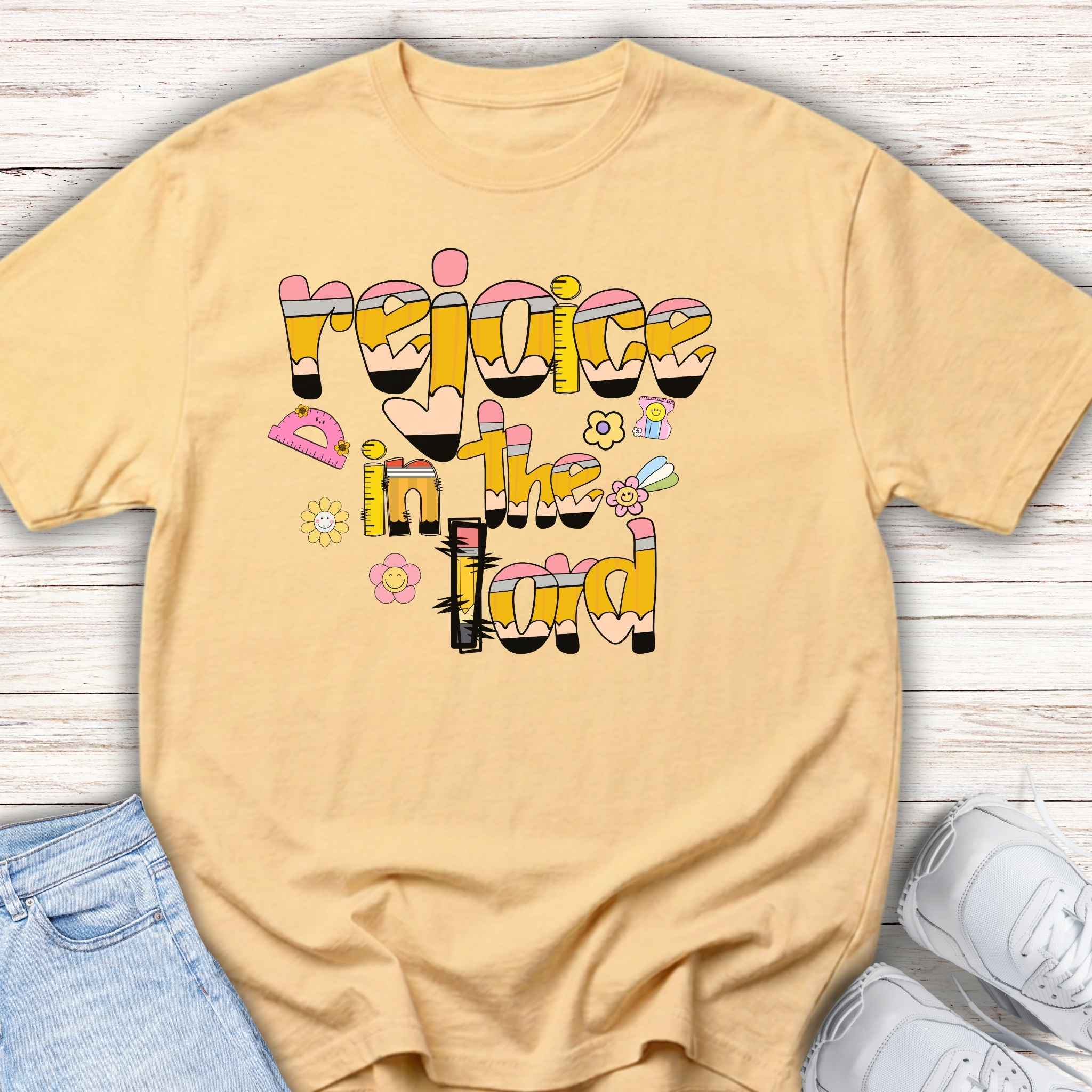 Rejoice in the Lord - Preppy pencil alphabet christian tee