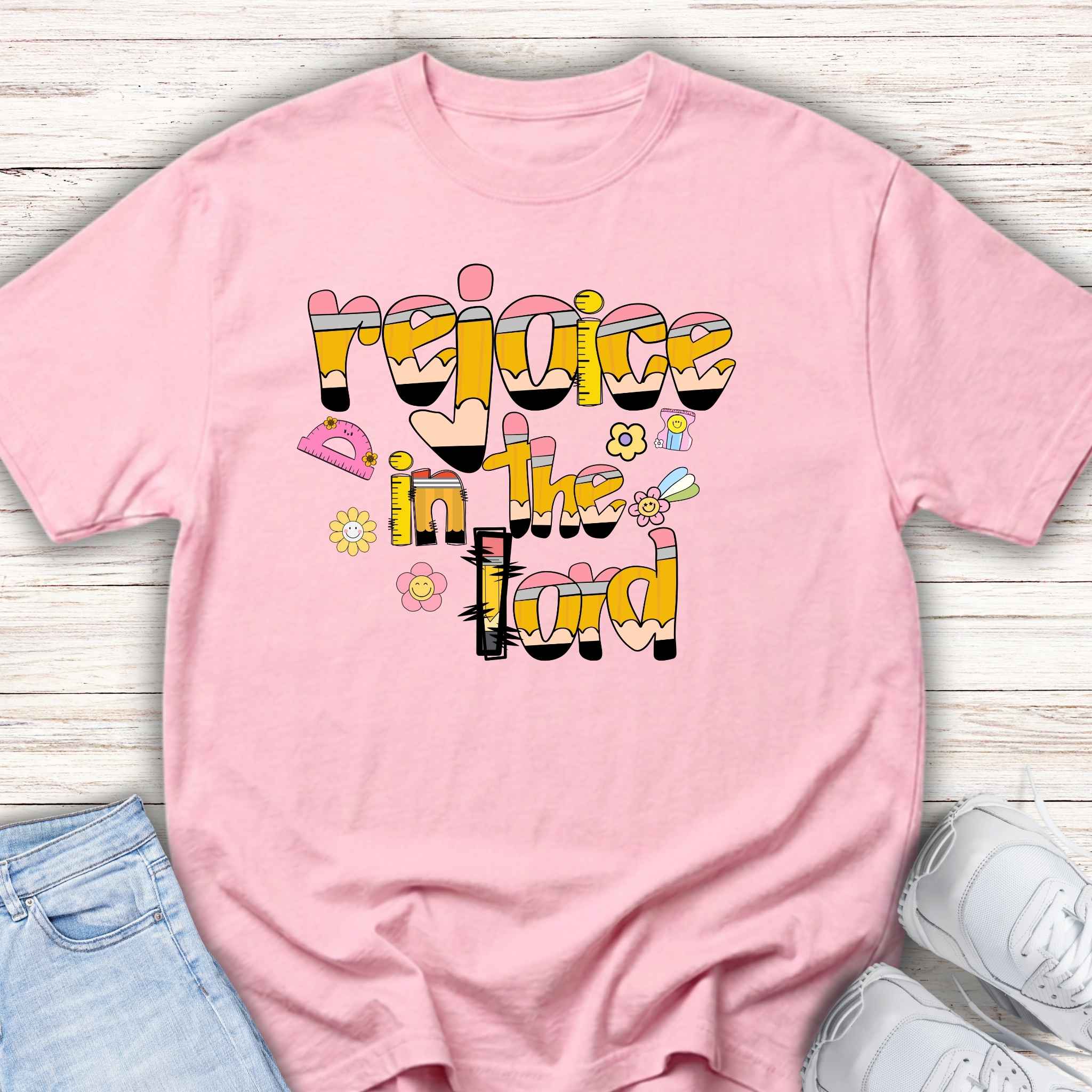 Rejoice in the Lord - Preppy pencil alphabet christian tee