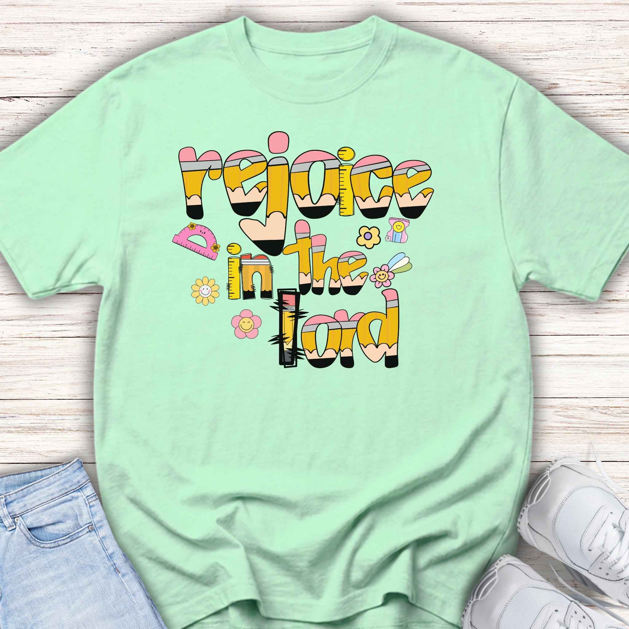 Rejoice in the Lord - Preppy pencil alphabet christian tee