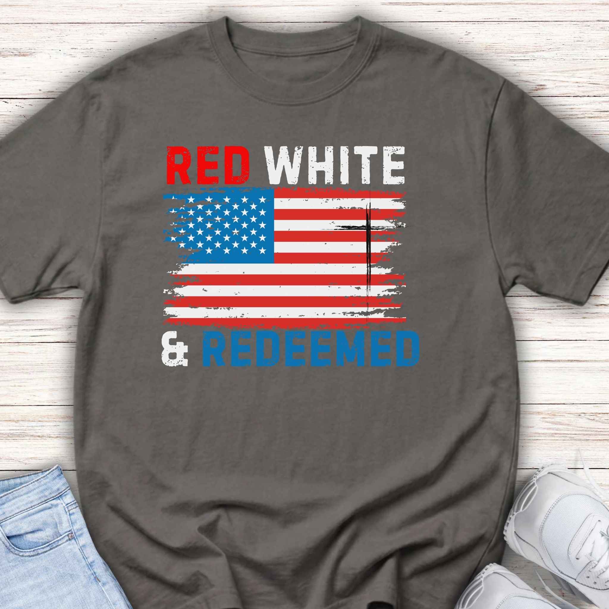Youth T‑Shirt – “Red White & Redeemed” American Flag Patriotic Tee