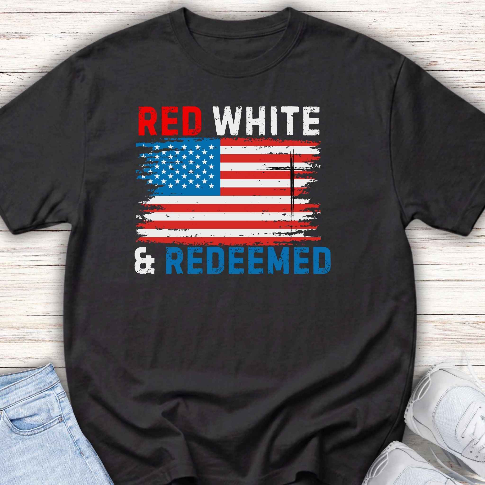 Youth T‑Shirt – “Red White & Redeemed” American Flag Patriotic Tee