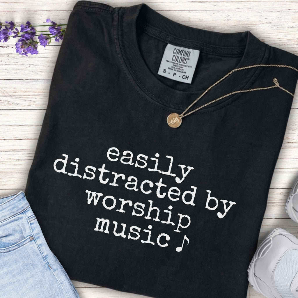 Youth Tee - "easily distracted by worship music" Christian Kids Shirt