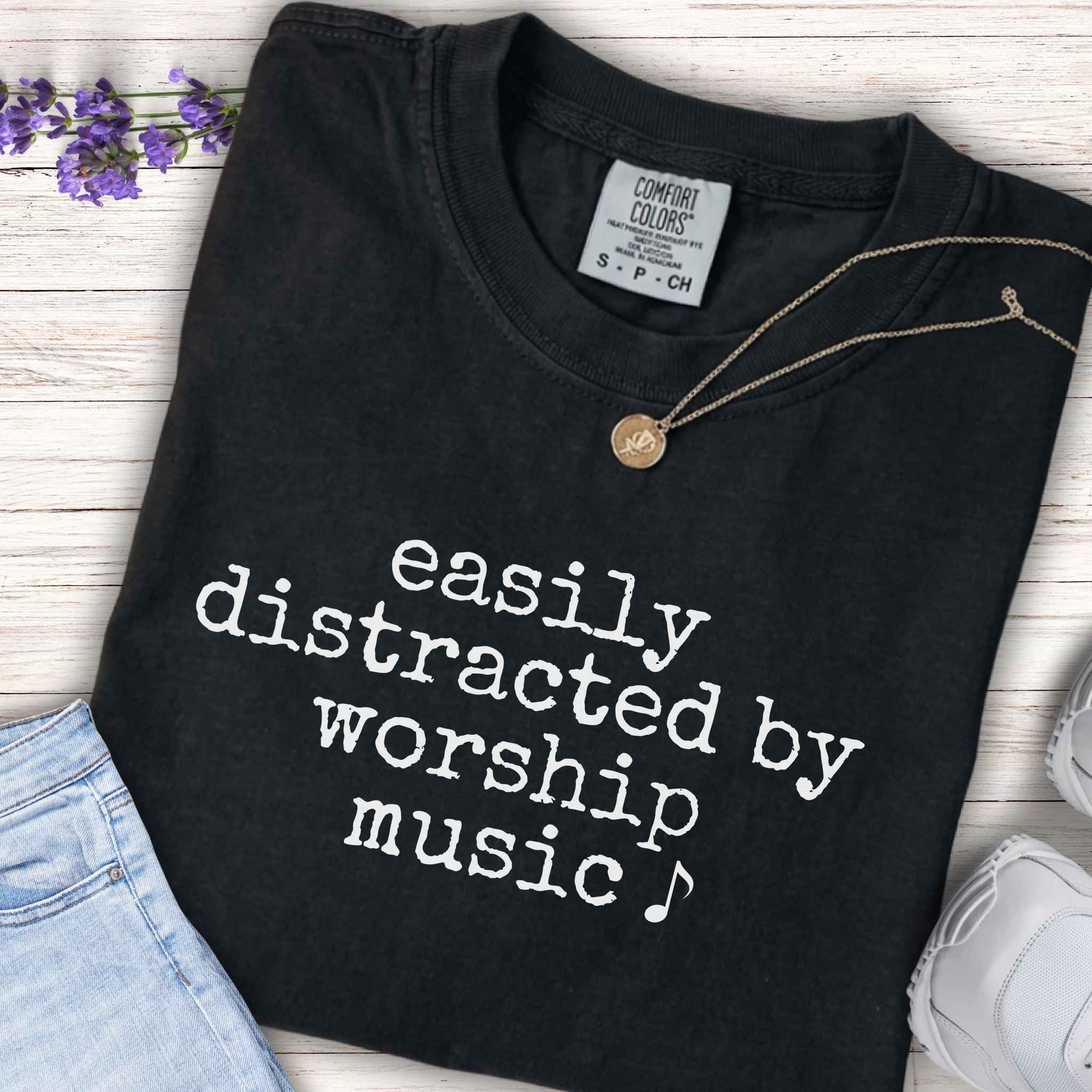 Youth Tee - "easily distracted by worship music" Christian Kids Shirt