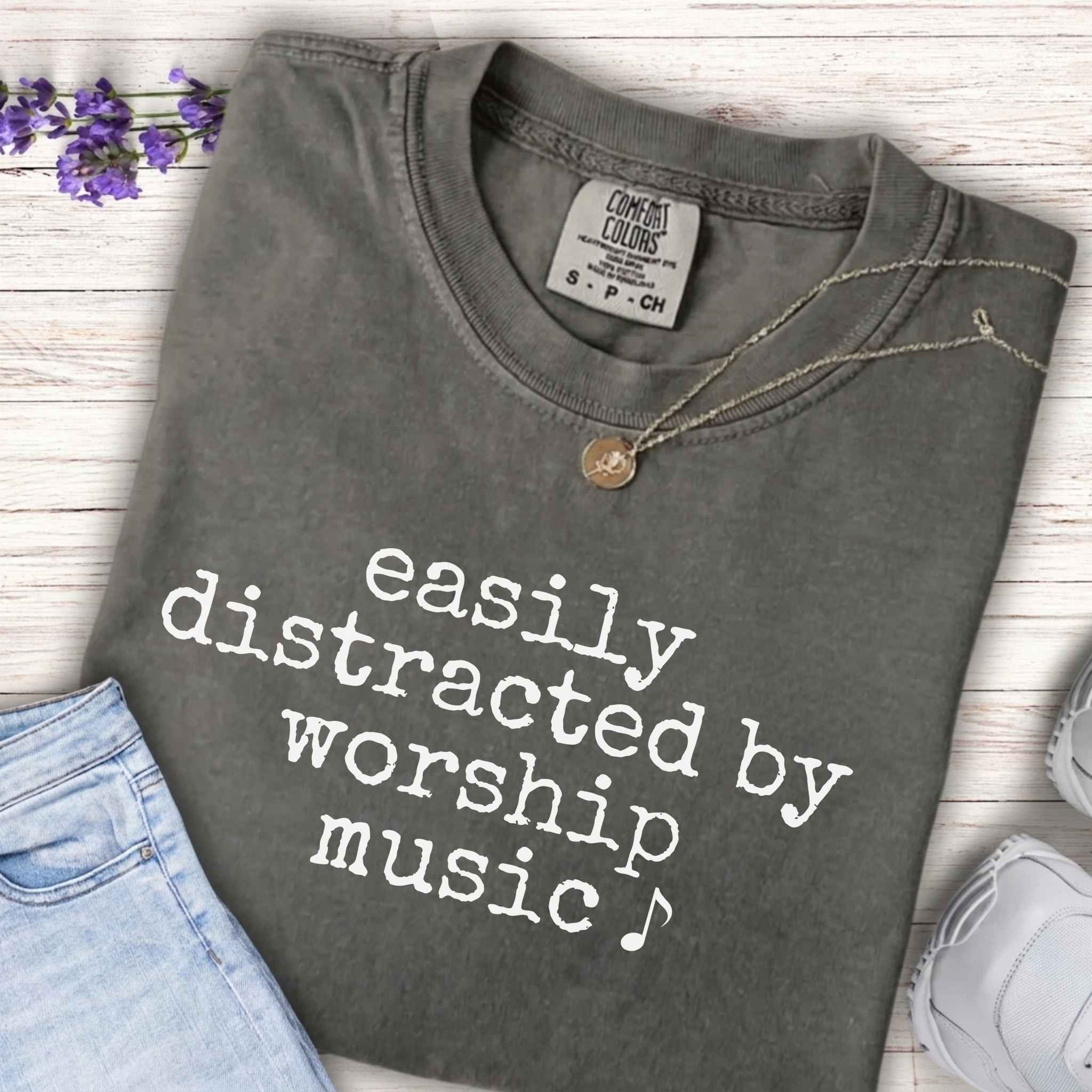 Youth Tee - "easily distracted by worship music" Christian Kids Shirt