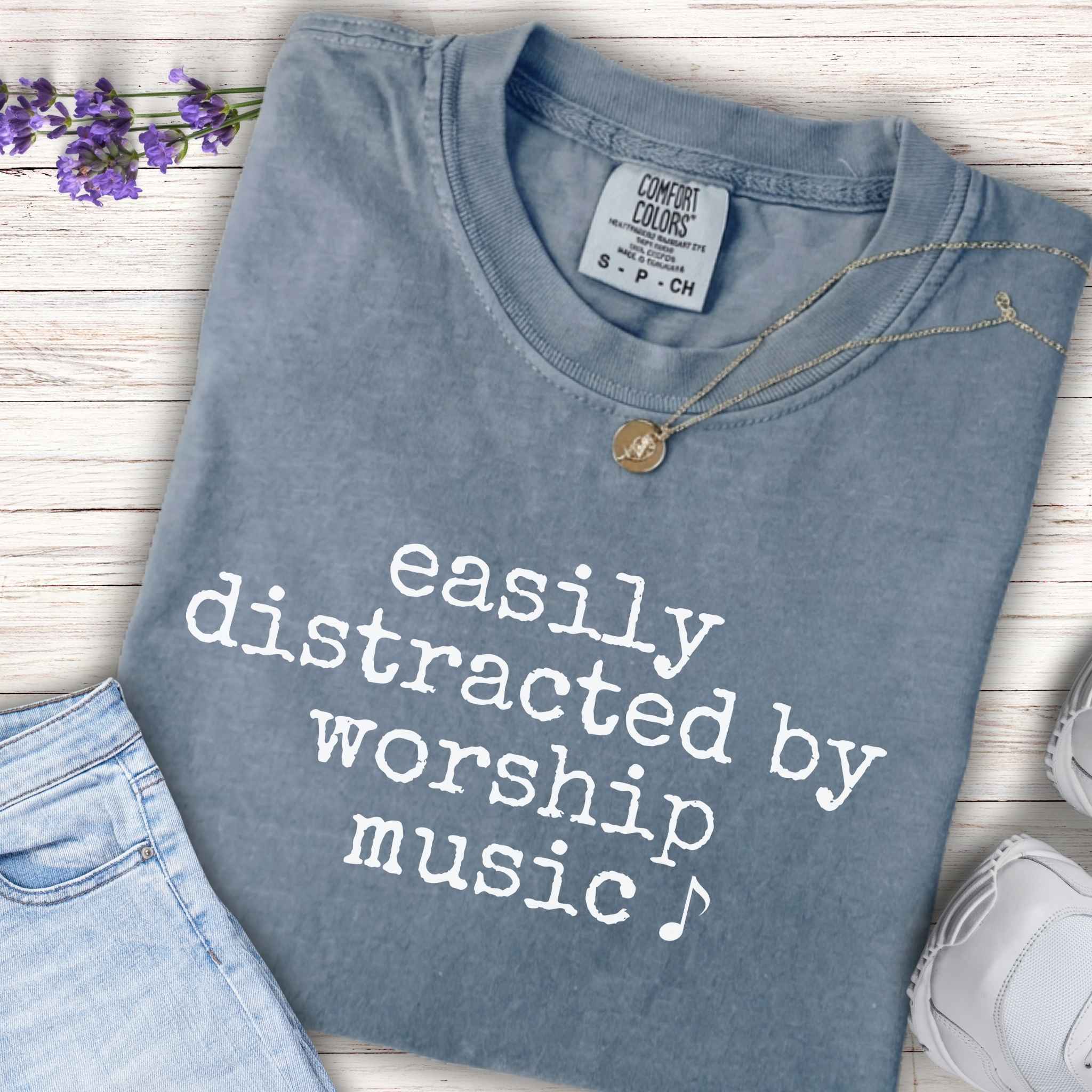 Youth Tee - "easily distracted by worship music" Christian Kids Shirt