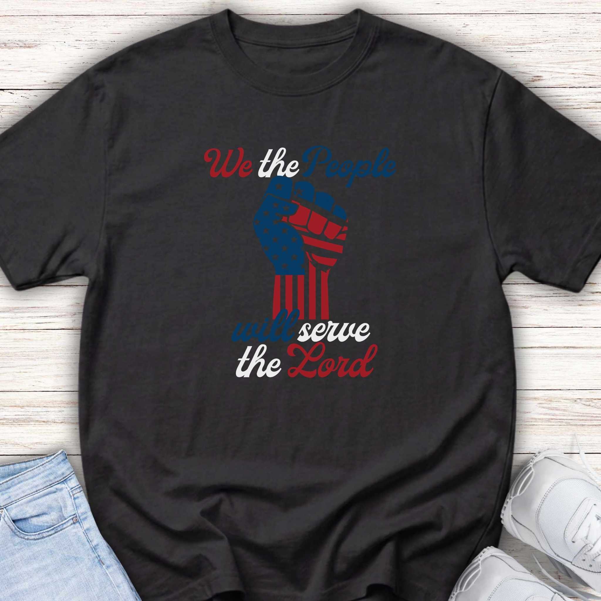 Patriotic Youth Tee — "We the People Will Serve the Lord" Flag Fist