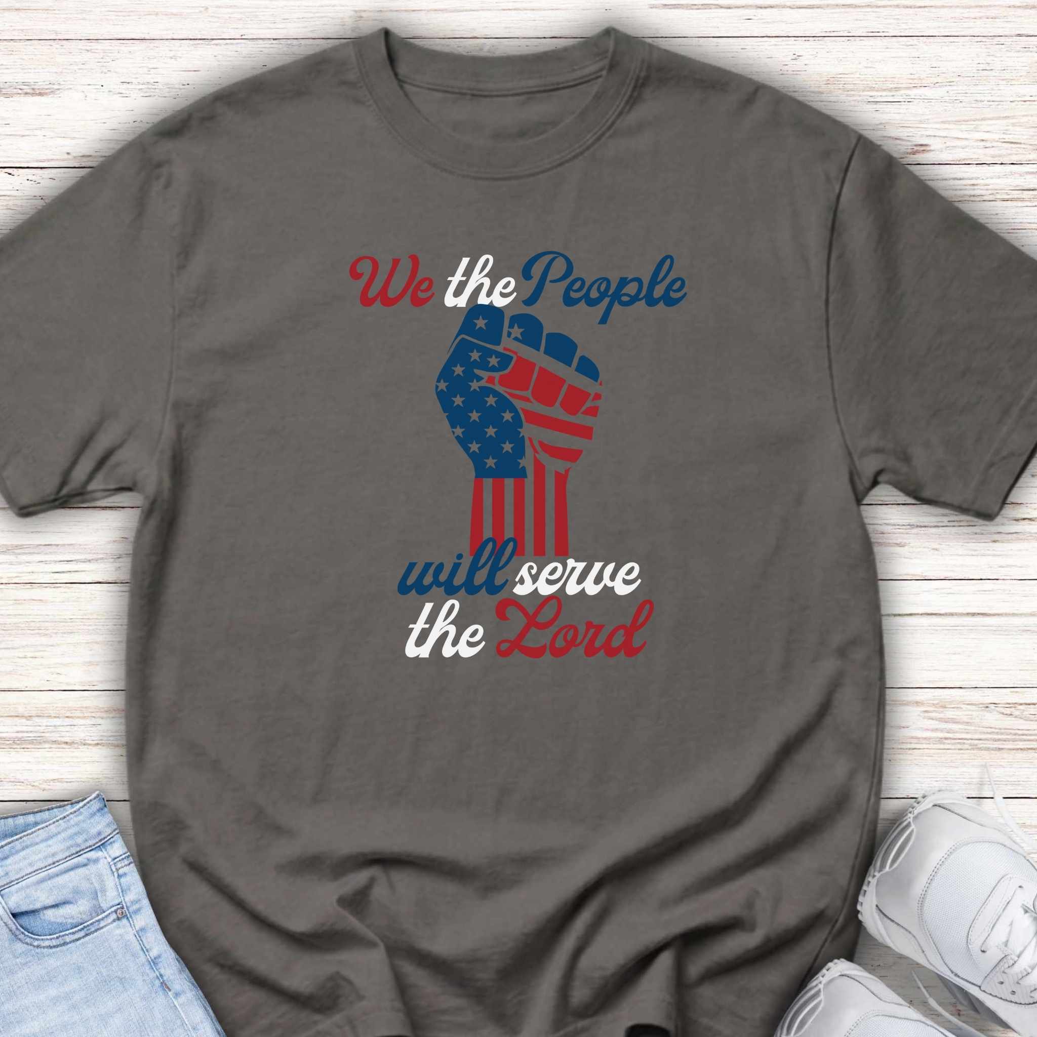 Patriotic Youth Tee — "We the People Will Serve the Lord" Flag Fist