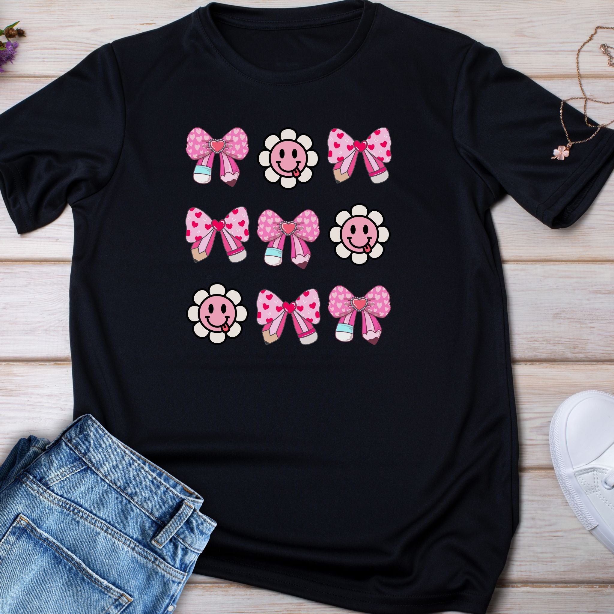 Kids Tee — Pink Bow & Smiling Flower Pattern Cute Graphic Shirt