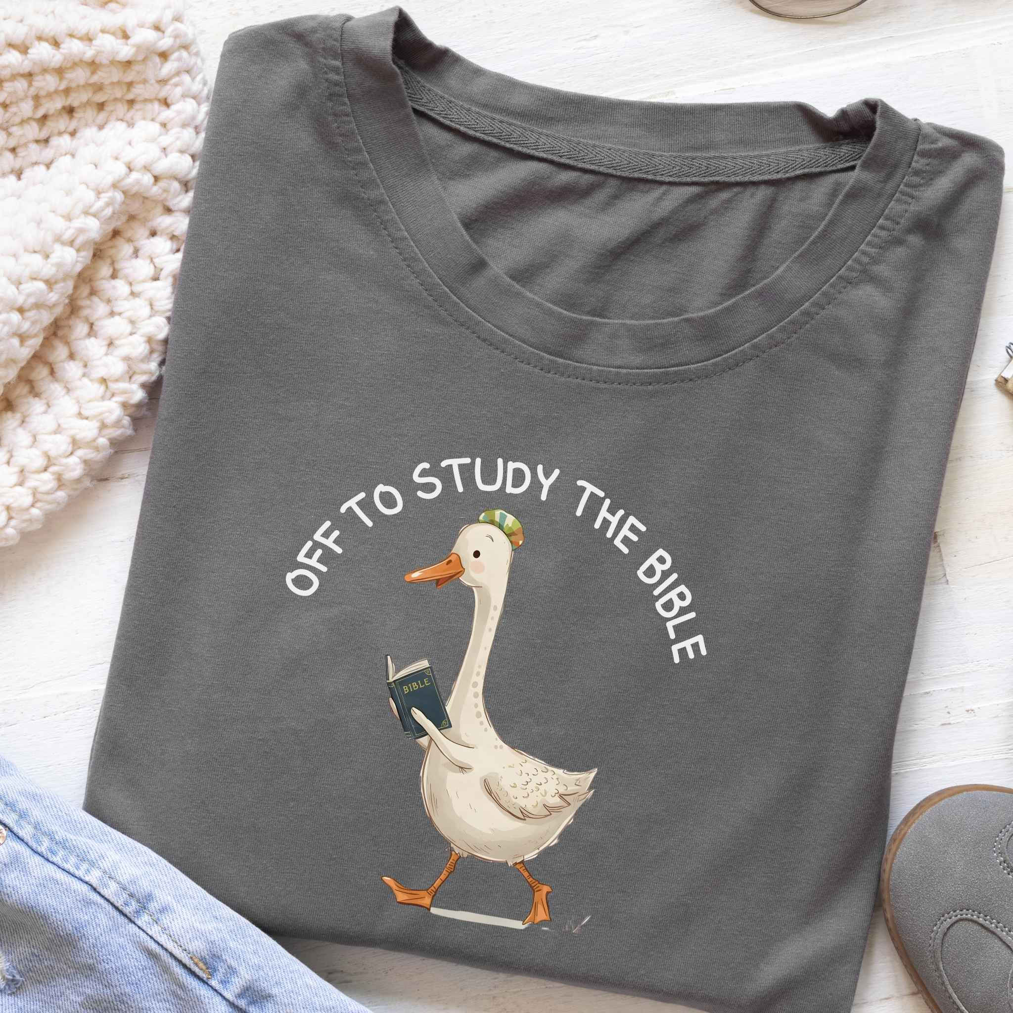 Kids T-Shirt - "Off to Study the Bible" Cute Goose Christian Tee for Sunday School & Church