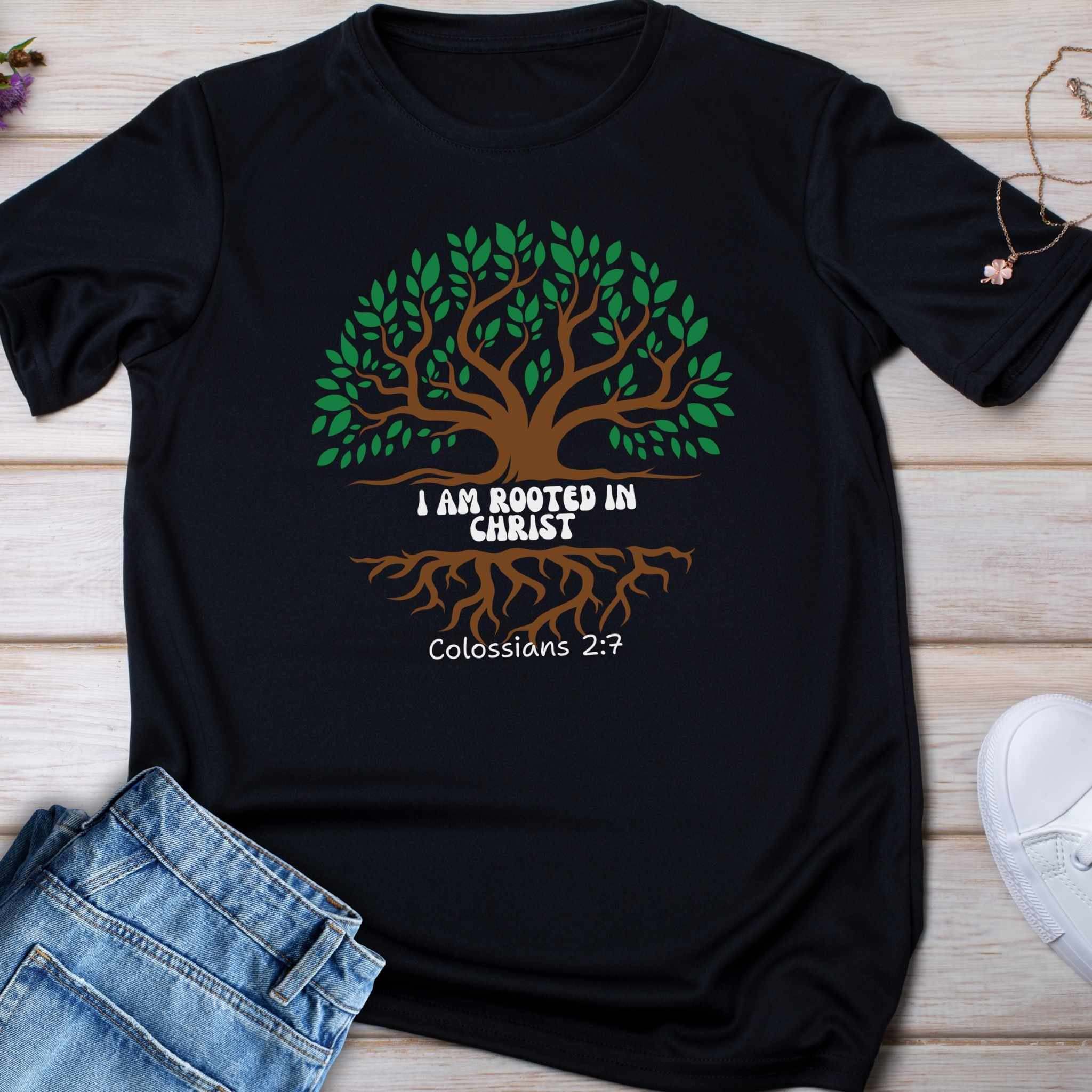 Kids Tee — "I Am Rooted & Built Up" Tree of Life Christian Scripture Shirt (Colossians 2:7)