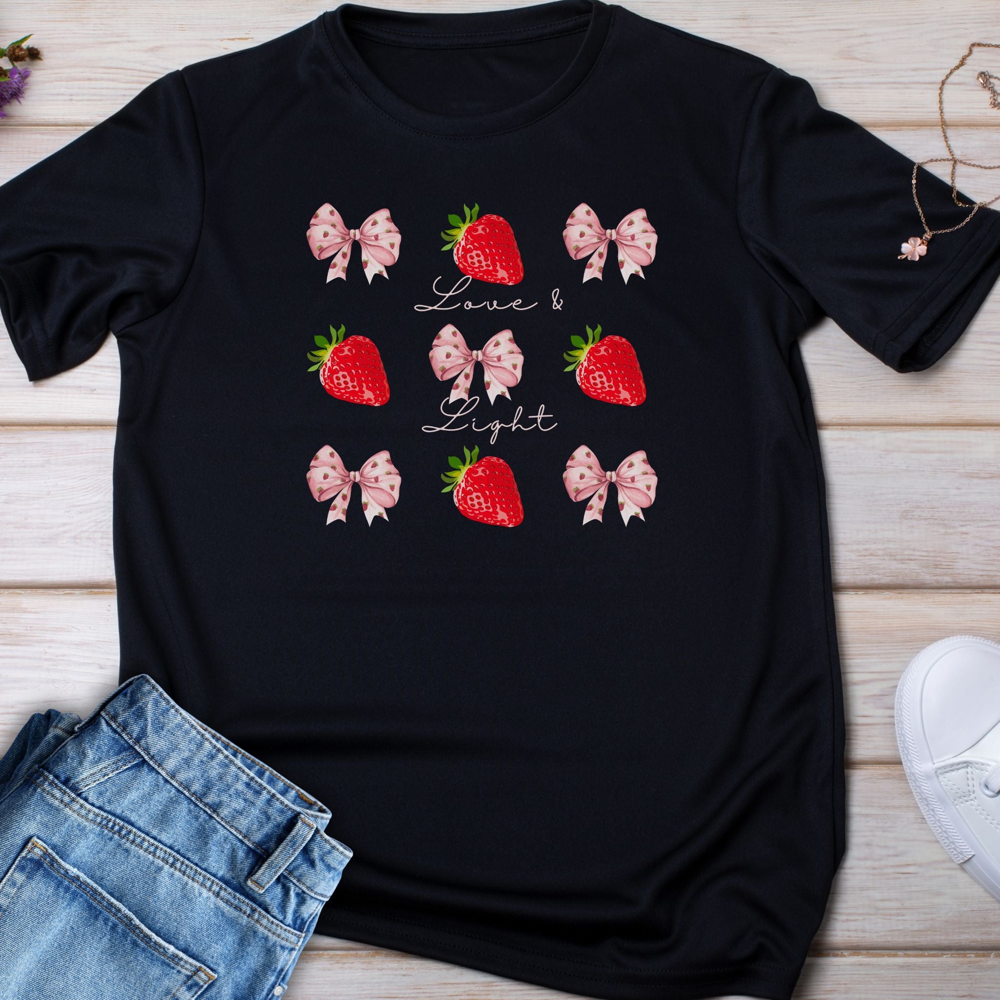 Kids Strawberry & Bow Graphic Tee — Cute Pink Bows, Fresh Fruit Design