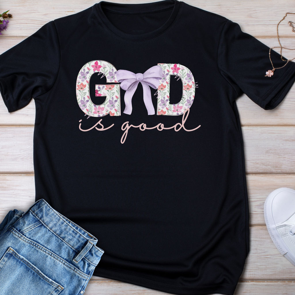 Kids Tee — "God Is Good" Floral Bow Christian Shirt